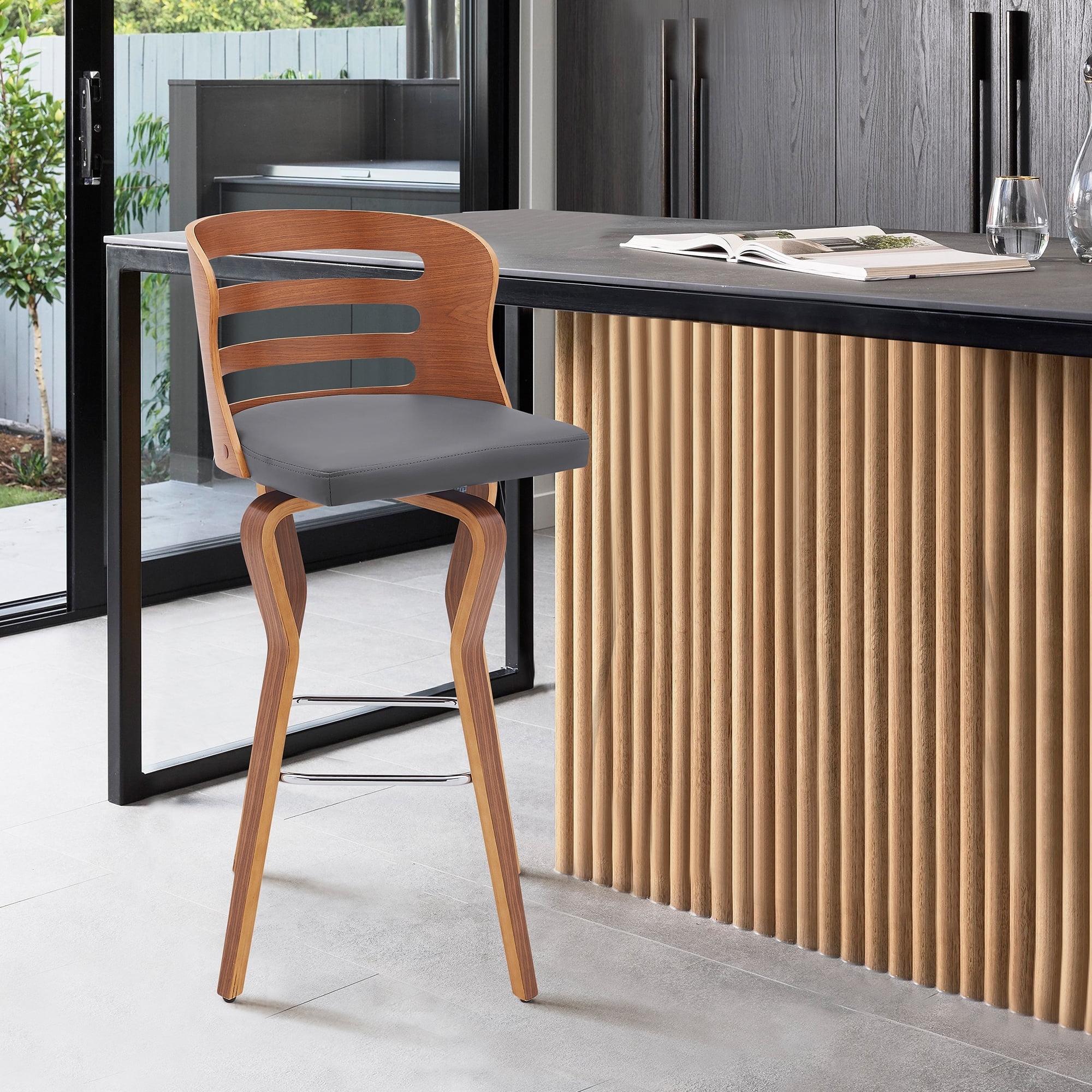 Armen Living 26" Verne Counter Height Barstool with Faux Leather and Wood Finish Walnut/Gray