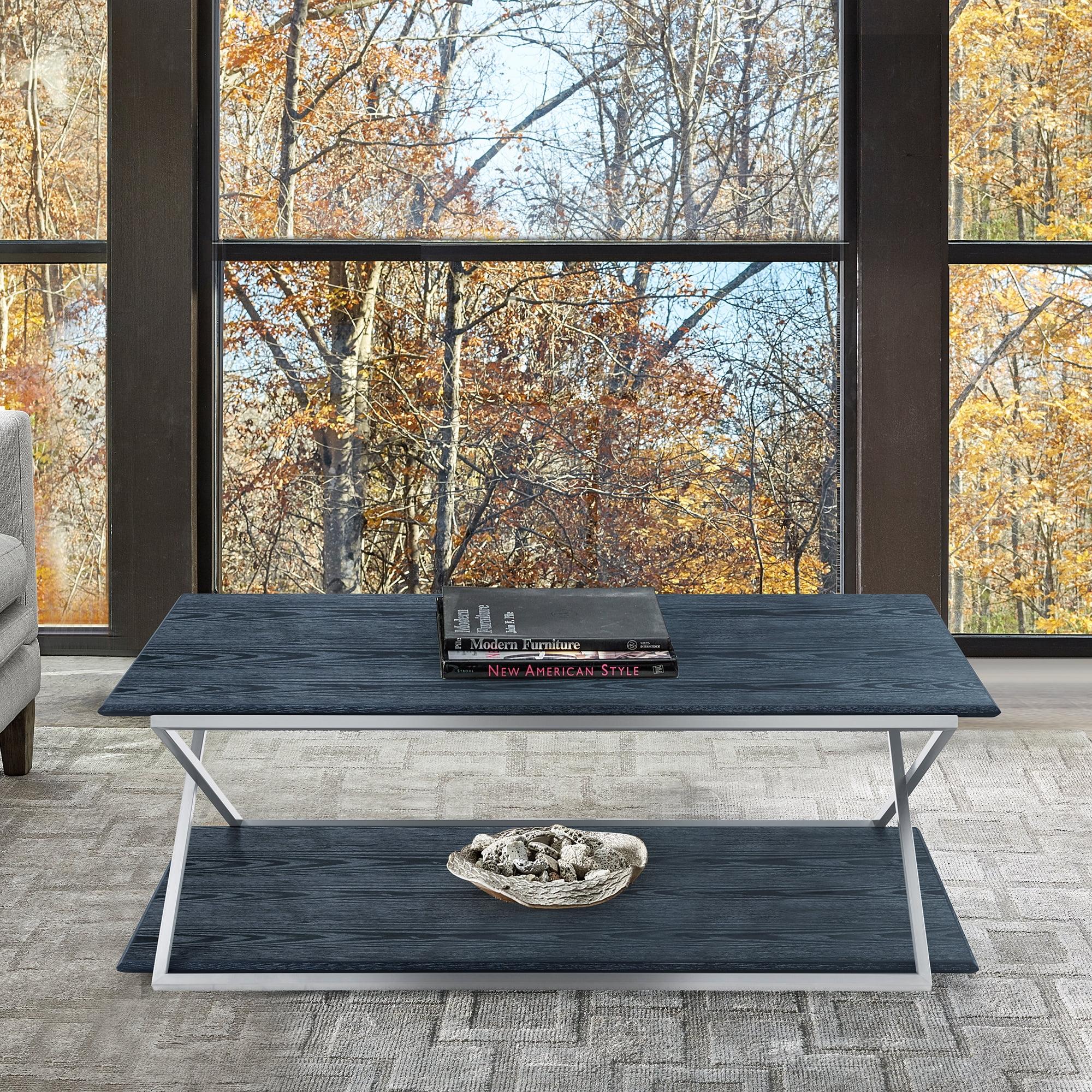 Modern Black Wood & Silver Metal Rectangular Coffee Table with Dual Shelves