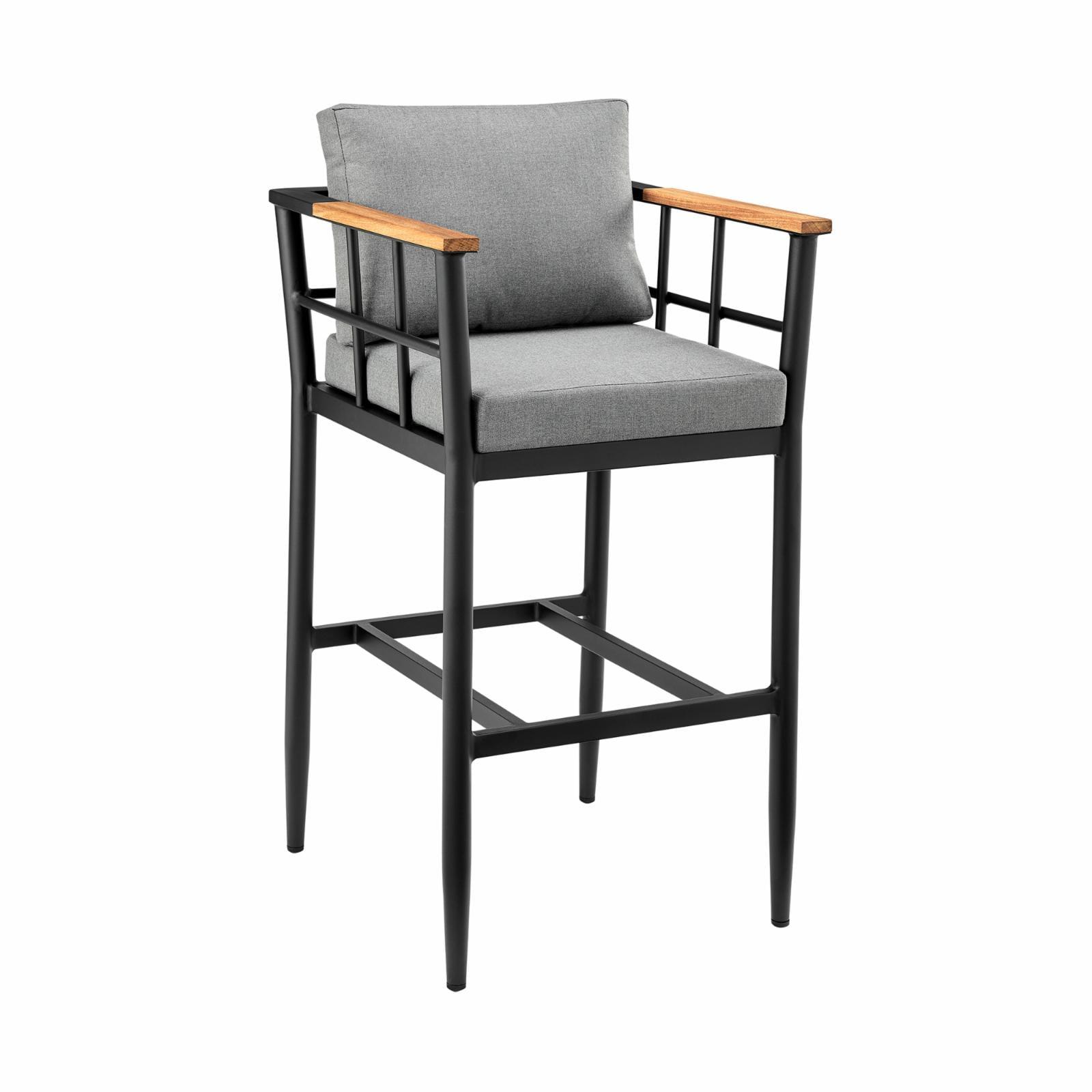 Gray Aluminum and Teak Outdoor Bar Stool with Cushions