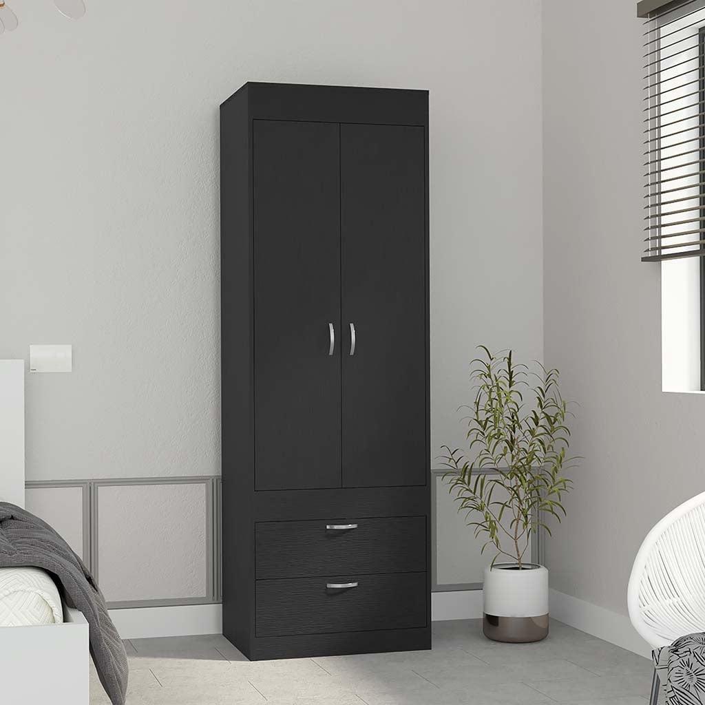 Armoire 70H", Double Door Cabinet, Two Drawers, Metal Handles, Rod, Black