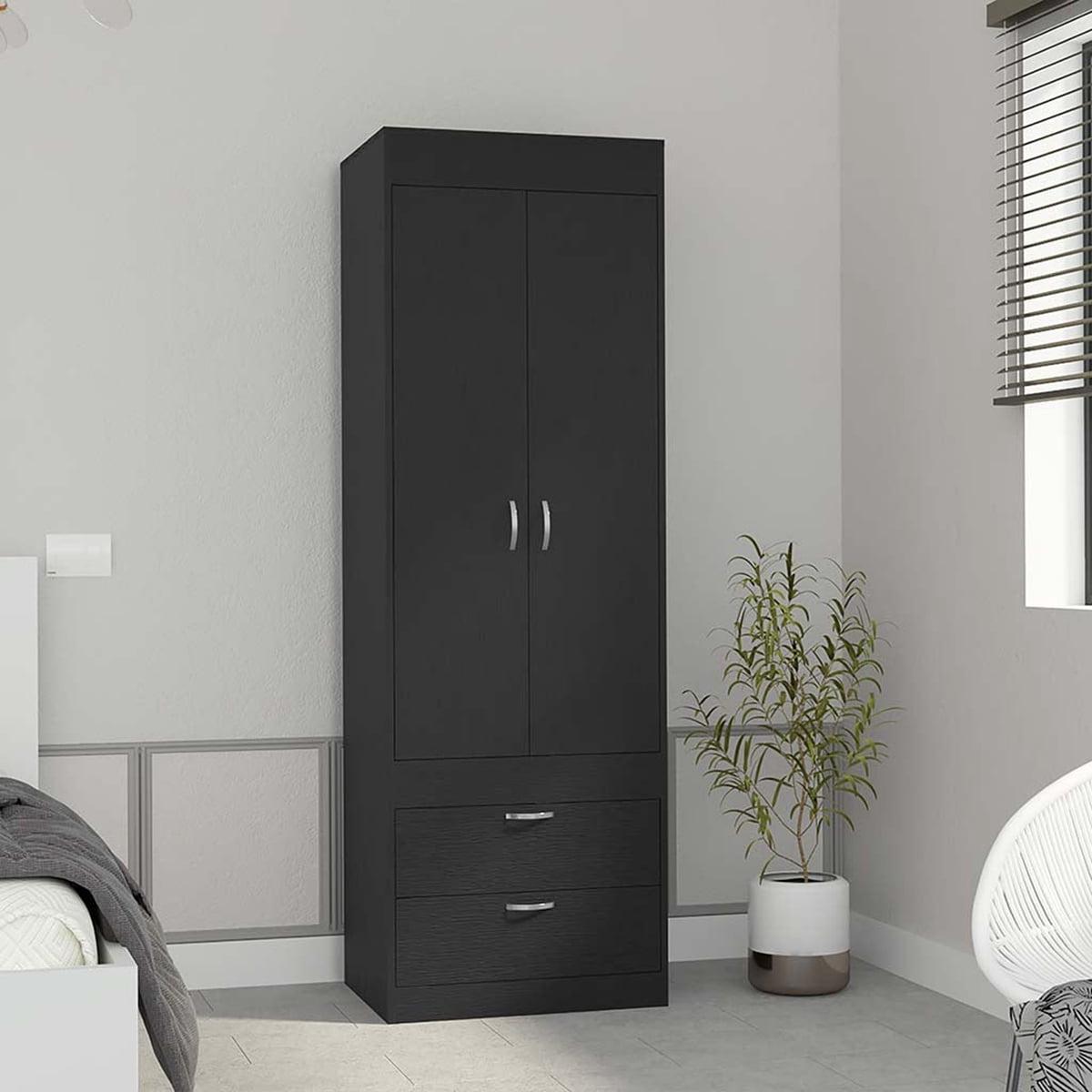 Black Tall Double Door Armoire with Drawers and Rod