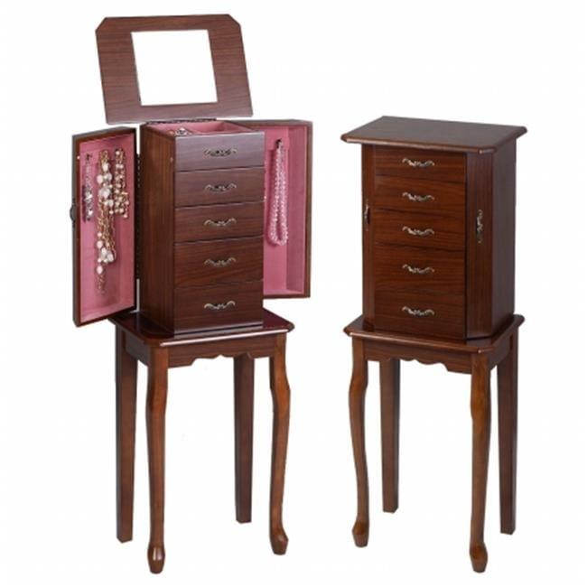 Walnut Standing Jewelry Cabinet Armoire with Mirror and Drawers