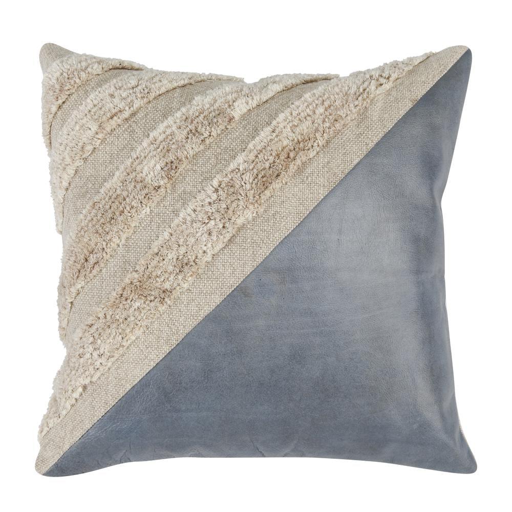 Arona 20" Blue and Beige Cotton Linen Leather Throw Pillow