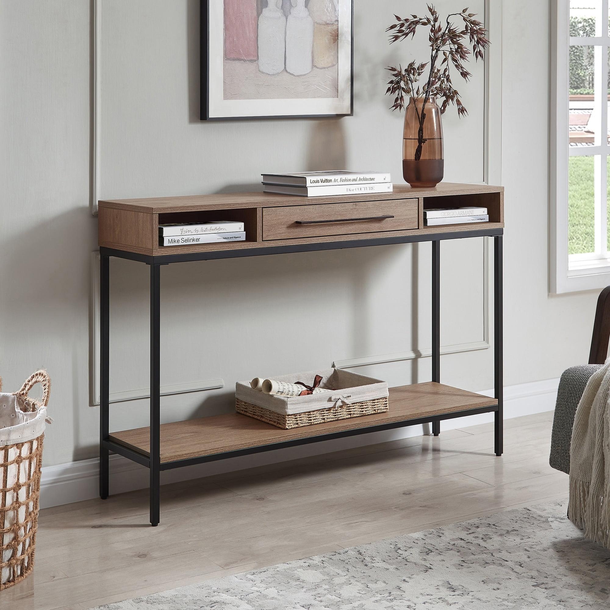 Modern Bronzed Metal & Gray Oak Console Table with Drawer Storage