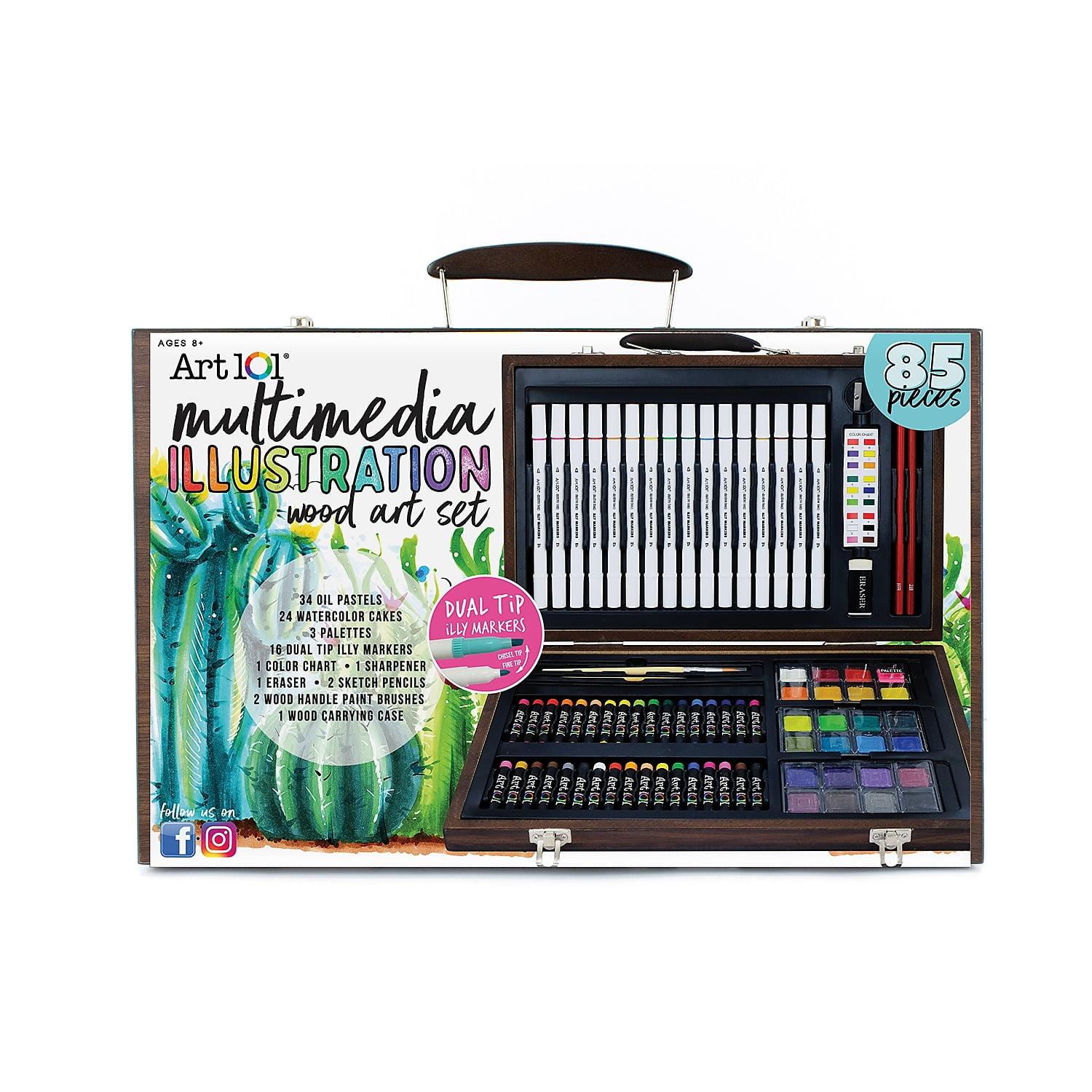 85pc Multimedia Illustration Art Set in Wood Case - Art 101: Drawing & Coloring Kit for Kids with Markers, Paint & Crayons