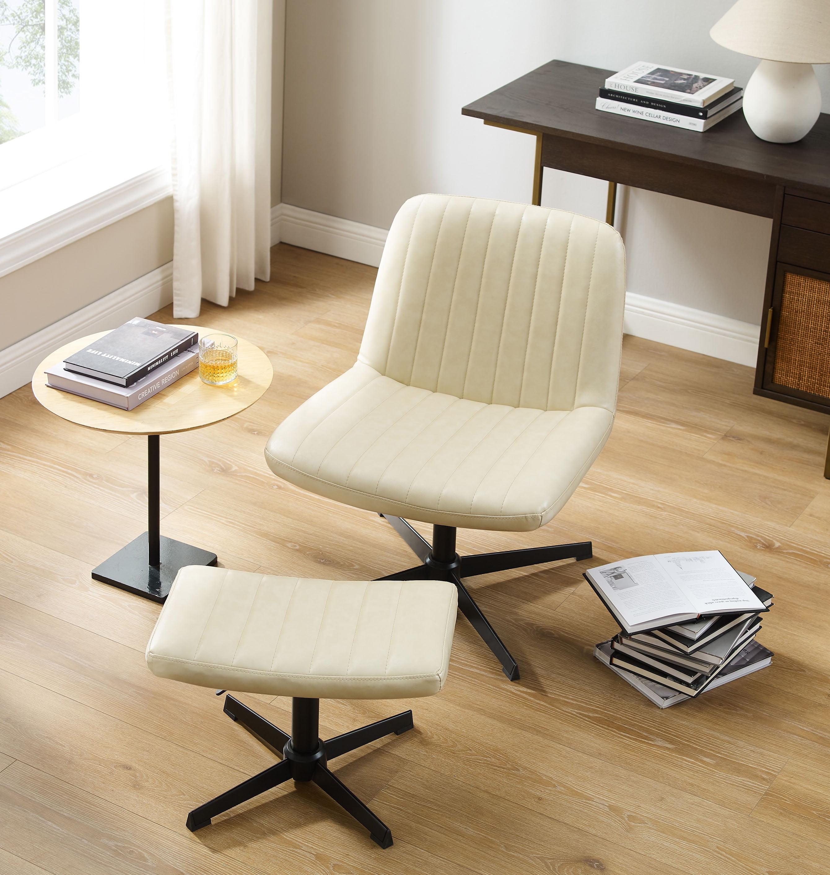 Art Leon Accent Chair with Ottoman,360 Degree Swivel Reading Chair for Bedroom Livingroom, Faux Leather Height Adjustable, Off-White