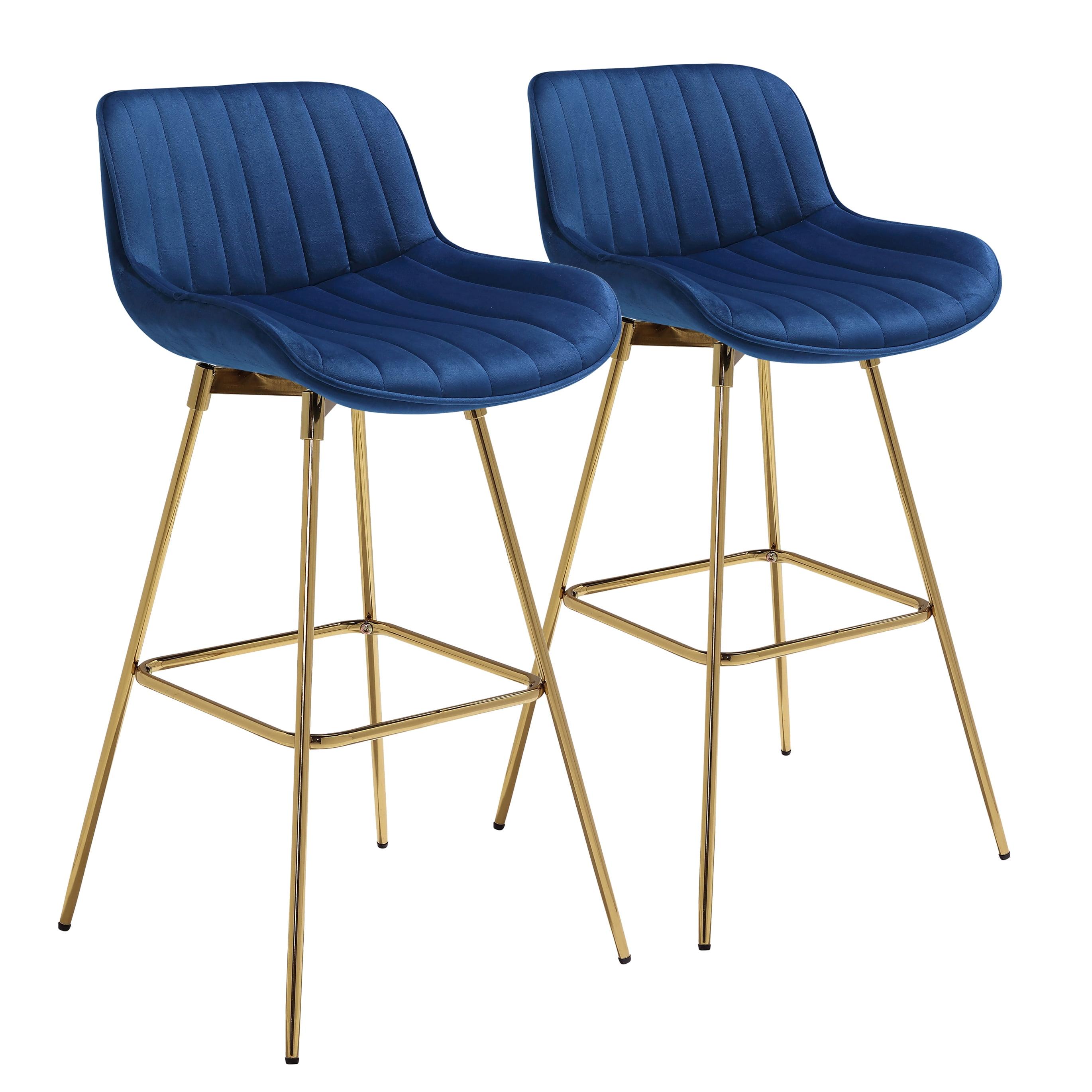 Elegant Blue Velvet Swivel Counter Height Bar Stools with Golden Metal Legs