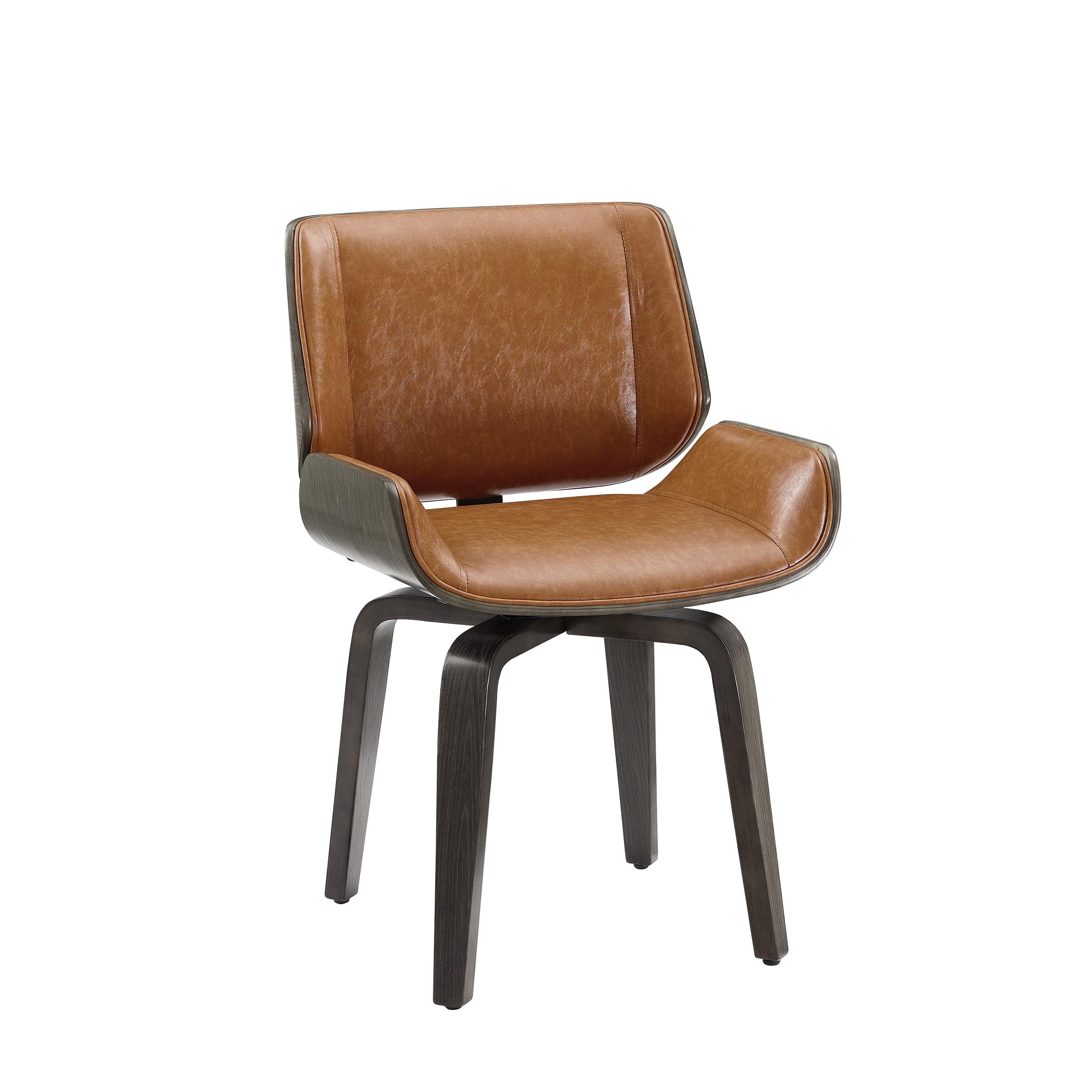 Brown Faux Leather Swivel Armless Accent Chair with Wood Legs