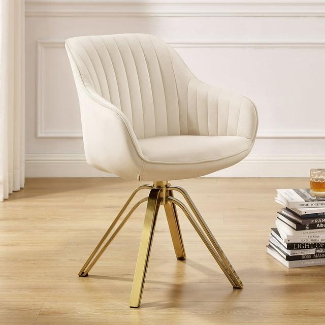 Art Leon Comfortable Velvet Swivel Accent Armchair with Golden Legs, Off White