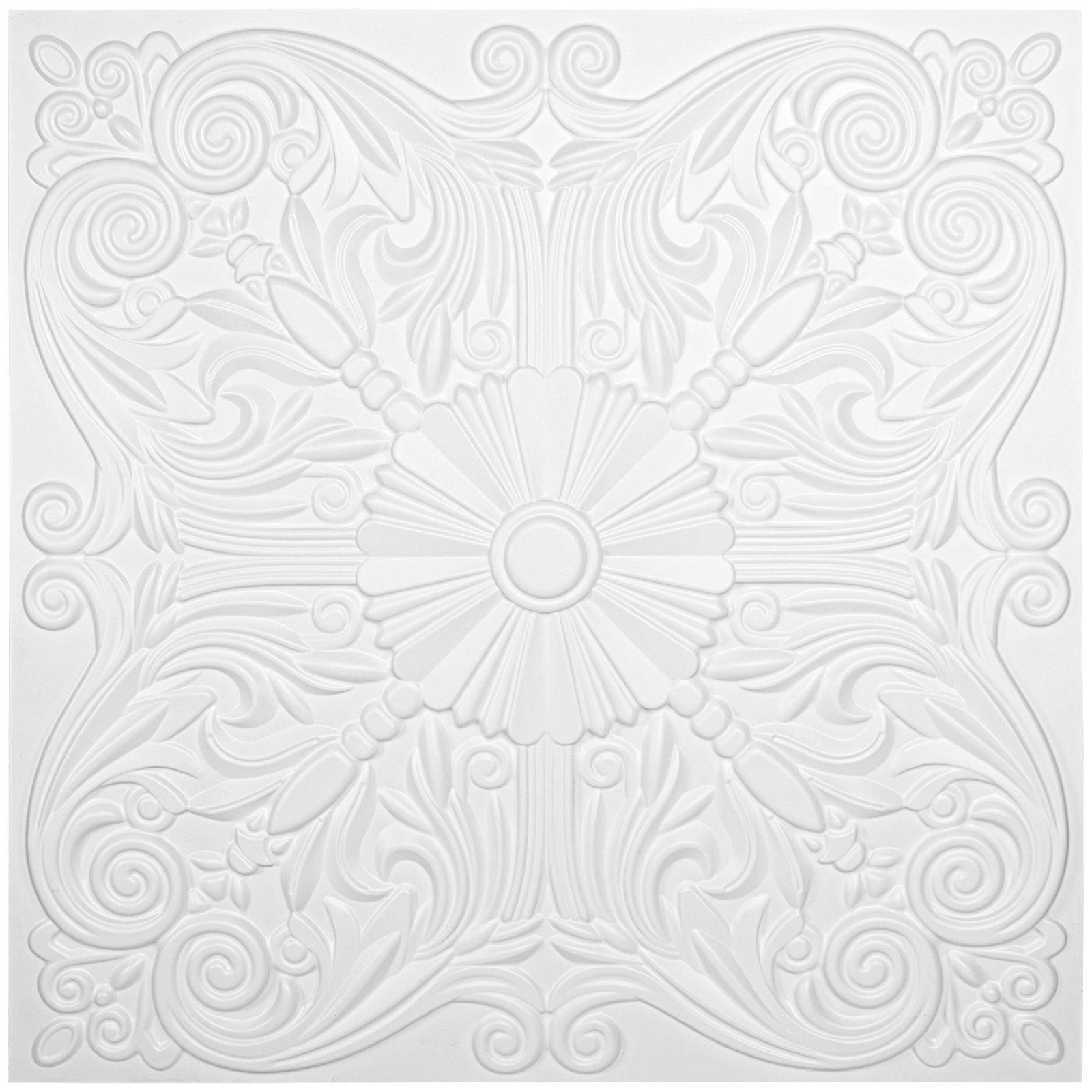 Art3d Art3d Decorative Ceiling Tile 2x2 Glue up, Lay in Ceiling Tile 24x24 Pack of 12pcs Spanish Floral in Matt White