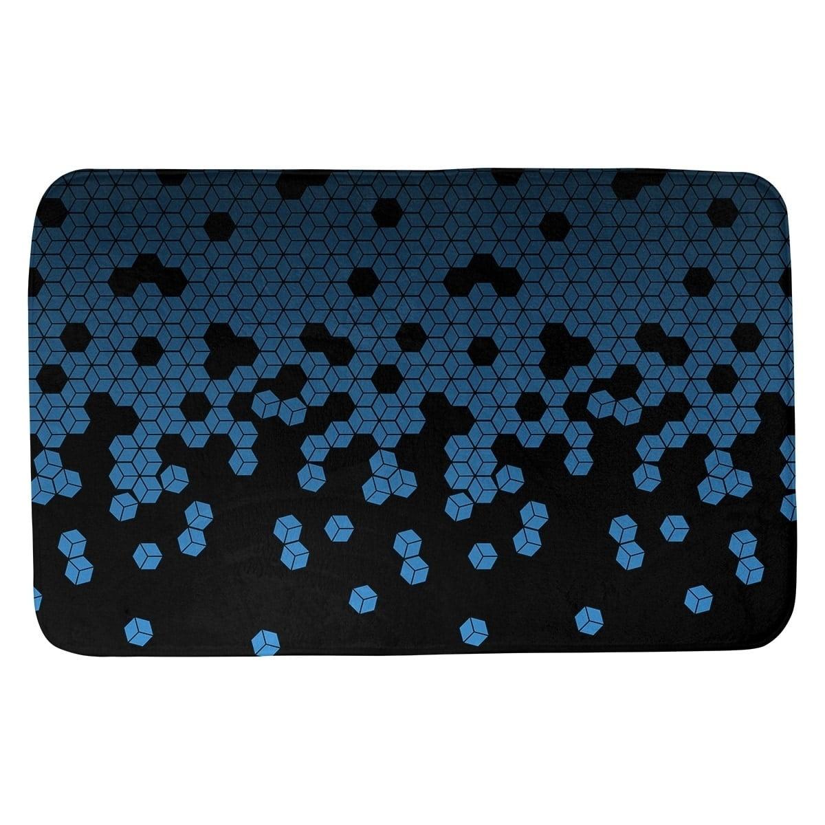 Blue and Black Microfiber Foam Bath Mat with Tumbling Cube Pattern 17 x 24