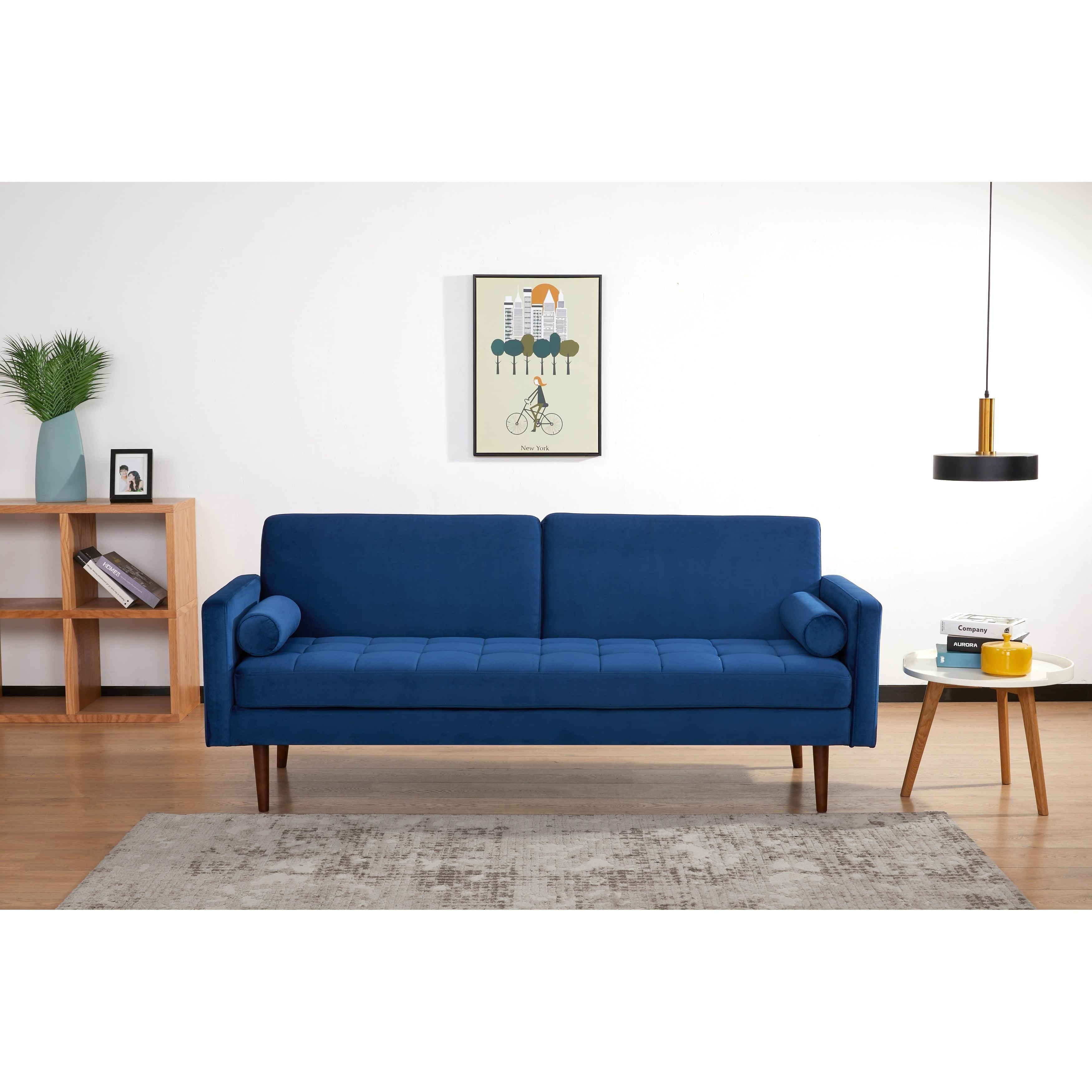 Portland Twin-Size Tufted Velvet Sleeper Sofa in Blue with Wood Accents