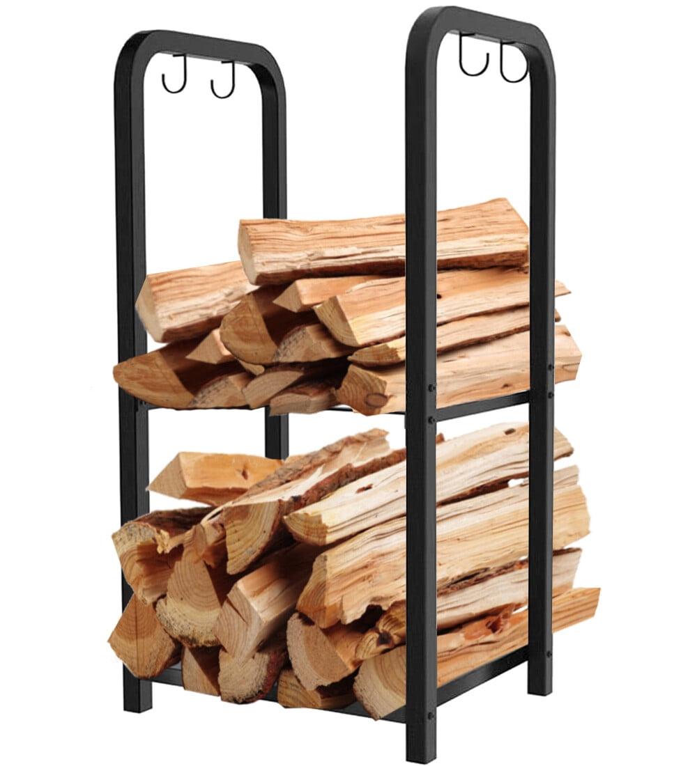 Black 2-Tier Steel Firewood Rack with Hooks