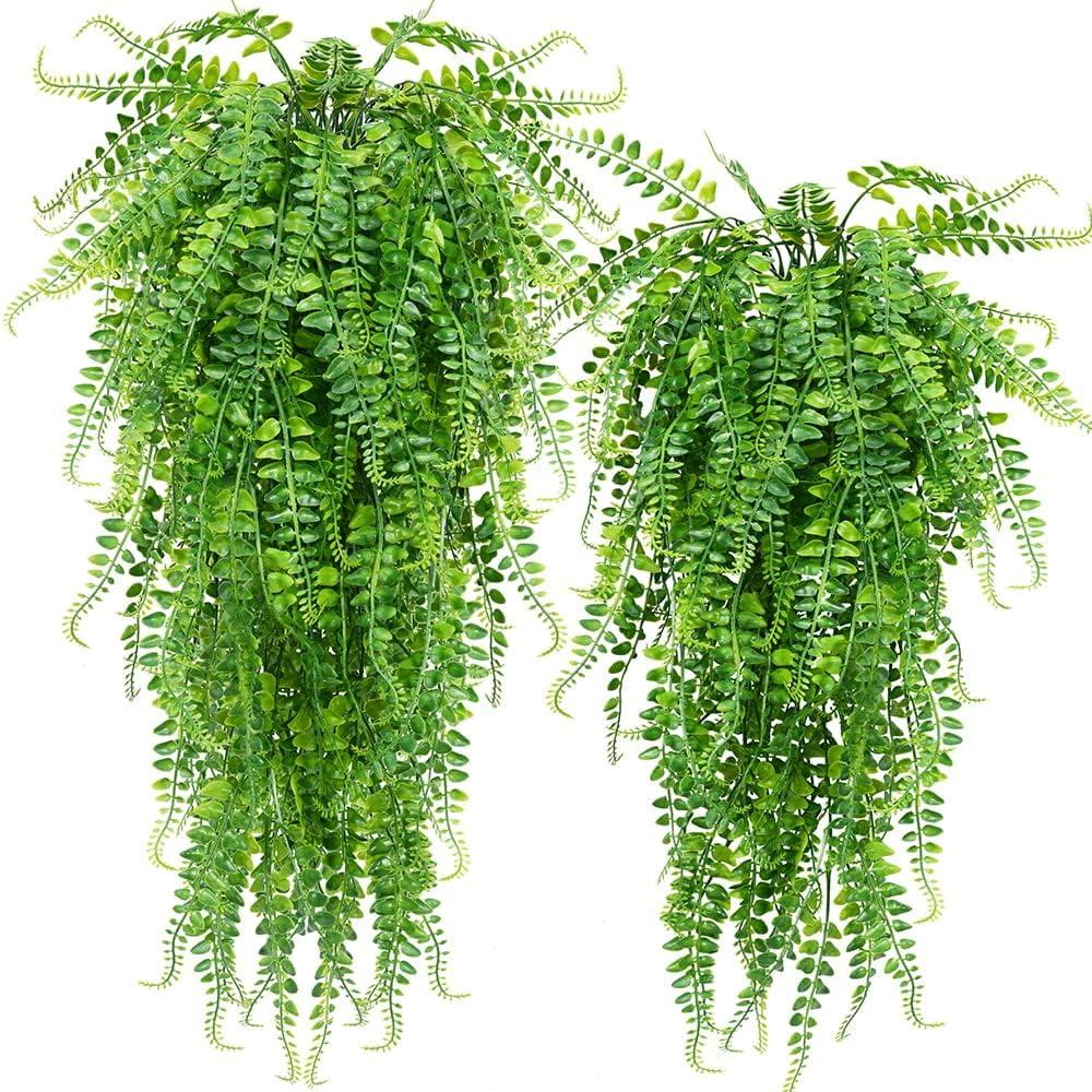 Artificial 2pack Fake Hanging Ferns Plant Faux Ivy Boston Outdoor UV Resistant Plastic (Green)