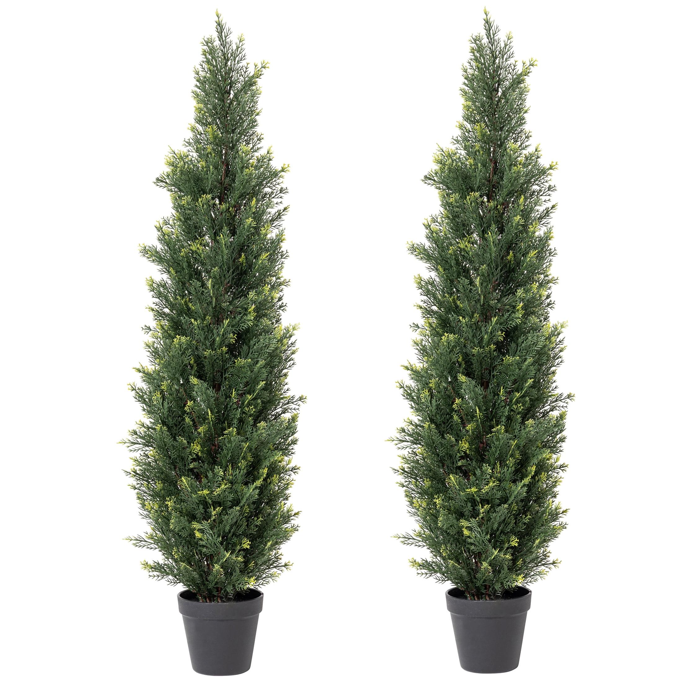 2 Pack 3ft Artificial Cedar Topiary Trees for Outdoors, Fake Cypress Plants with Solar Light String, Faux uv resistant Plants for Home Front Porch Decor, Housewarming Gift