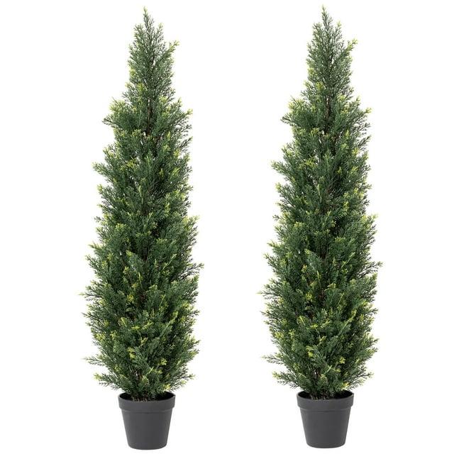 2 Pack 3ft Artificial Cedar Topiary Trees for Outdoors, Fake Cypress Plants with Solar Light String, Faux uv resistant Plants for Home Front Porch Decor, Housewarming Gift