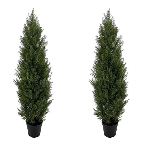 5ft Artificial Cedar Topiary Trees in Black Plastic Pots, Set of 2