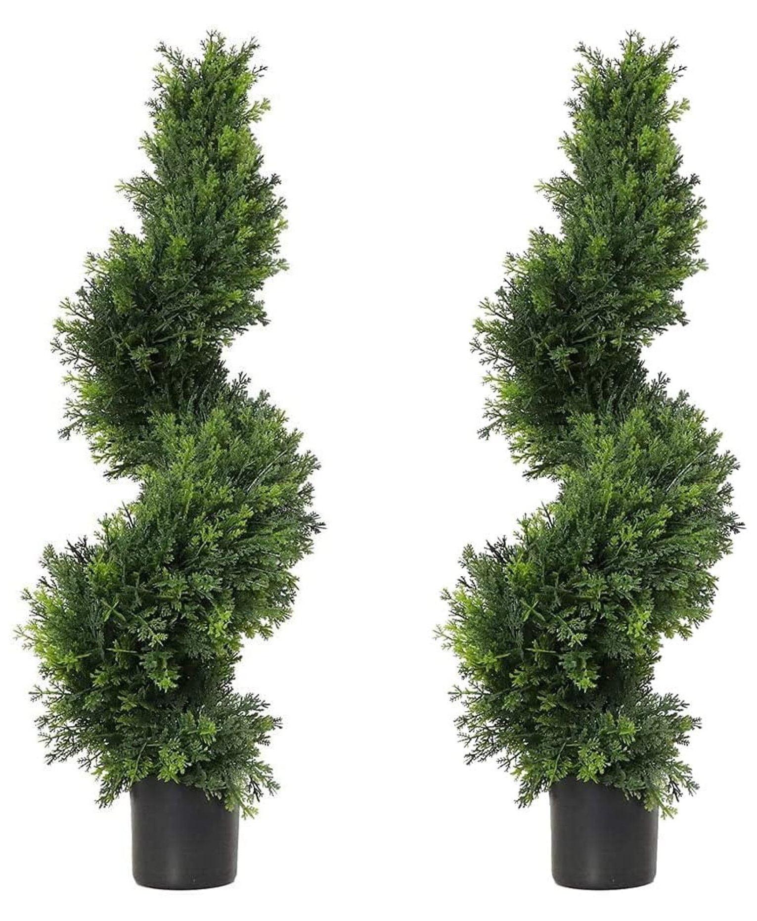 36-Inch Artificial Cedar Spiral Topiary Trees in Black Cement Pots, Set of 2