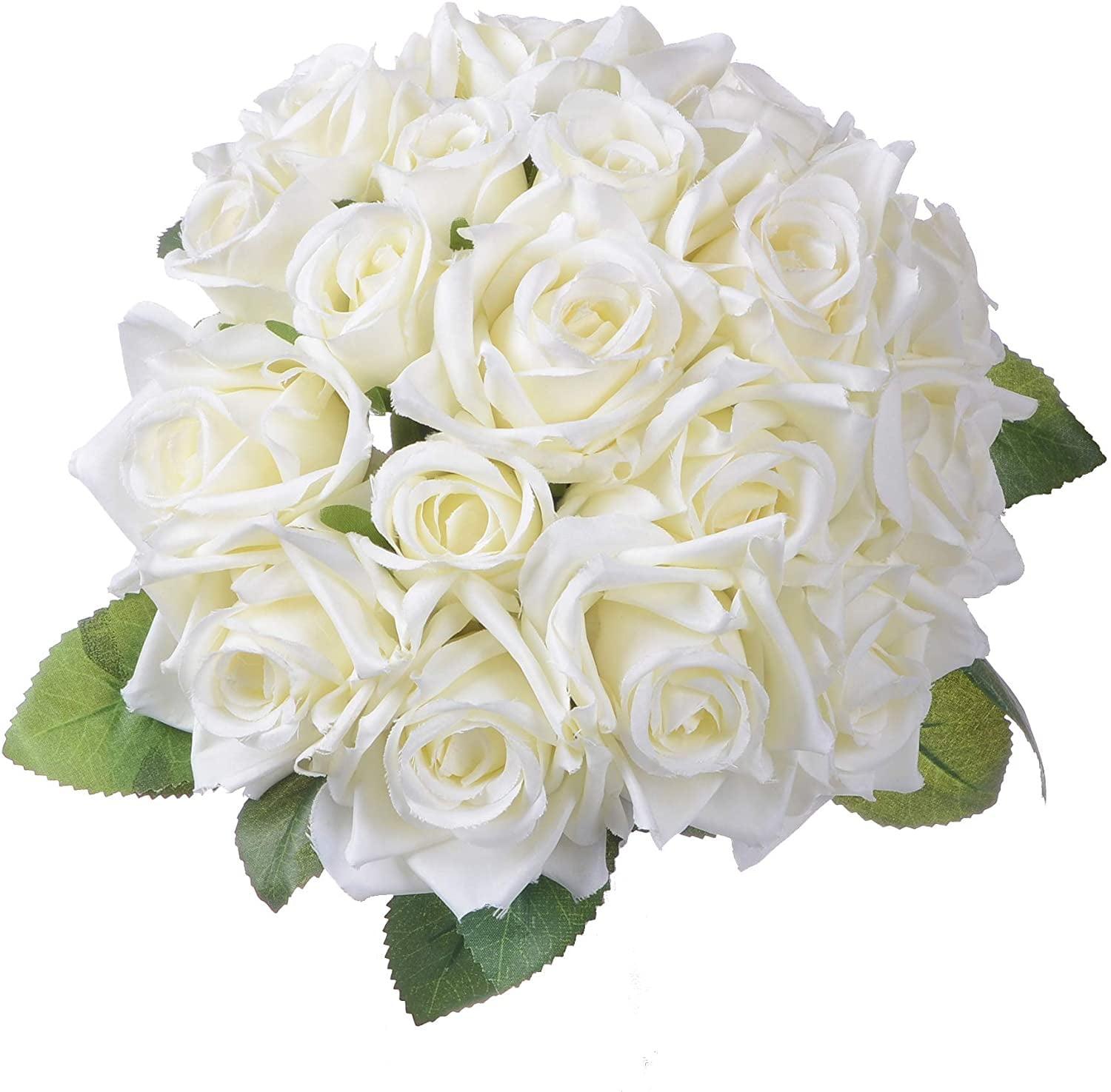 Artificial Flowers Rose Bouquet 2 Fake Flowers Silk Plastic Artificial White Roses 18 Heads Bridal Wedding Bouquet for Home Garden Party Wedding Decoration White