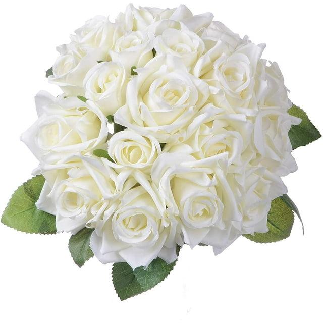 Artificial Flowers Rose Bouquet 2 Fake Flowers Silk Plastic Artificial White Roses 18 Heads Bridal Wedding Bouquet for Home Garden Party Wedding Decoration White