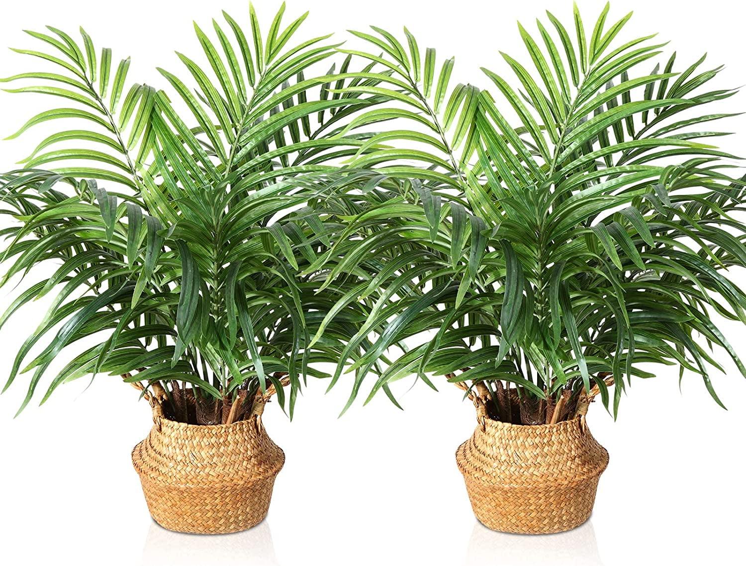 Artificial Palm Tree 28”Fake Potted Areca Palm Plant with Handmade Seagrass Basket, Perfect Faux Tree Home Décor for Indoor Outdoor Office Porch Balcony Bedroom Bathroom Gift,2Pack