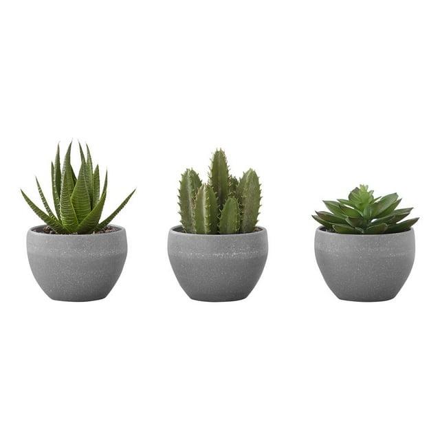 Benjara Artificial Succulents Silk Plant Indoor Set of 3, Green, Gray Cement