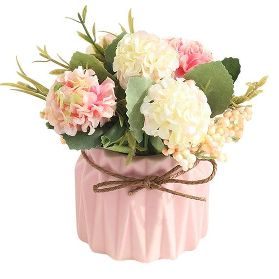 Artificial potted flowers, small ceramic vases fake flower plants for home and office interior tabletop decoration, artificial flower hydrangeas - Pink