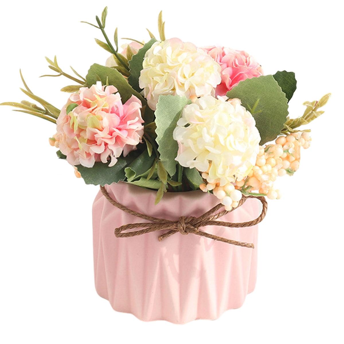 Artificial potted flowers, small ceramic vases fake flower plants for home and office interior tabletop decoration, artificial flower hydrangeas - Pink