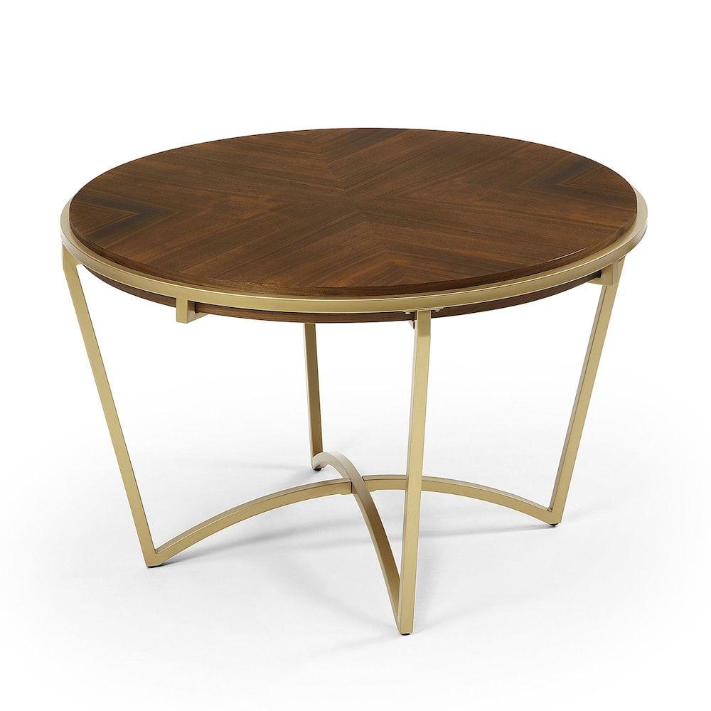 Round Brown Wood Dining Table with Gold Metal Base