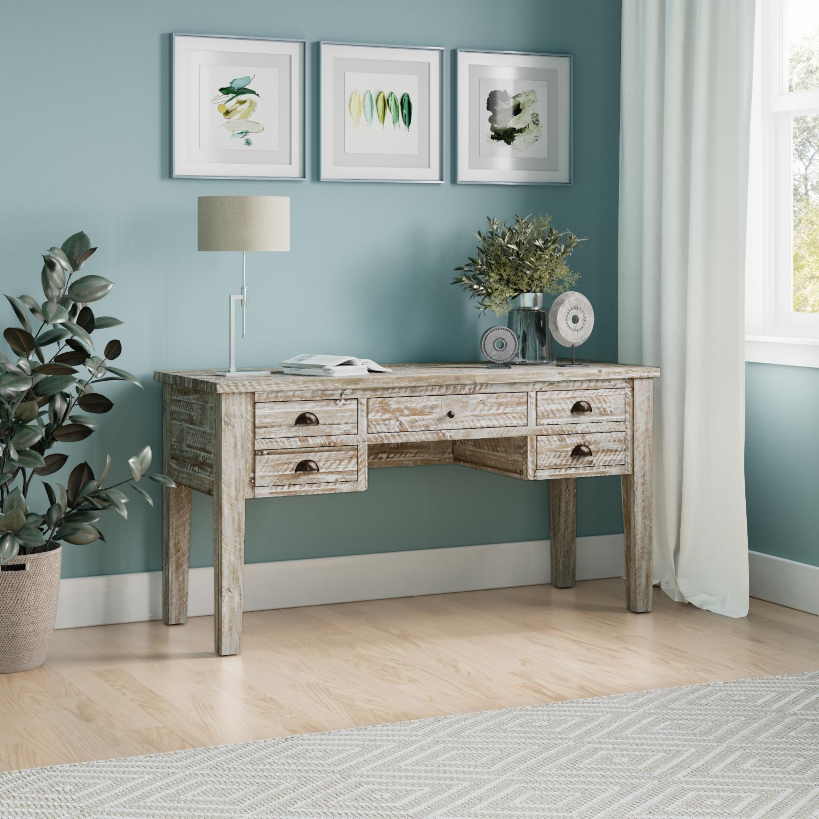 Rustic Washed Grey Wood Home Office Desk With 5 Drawers