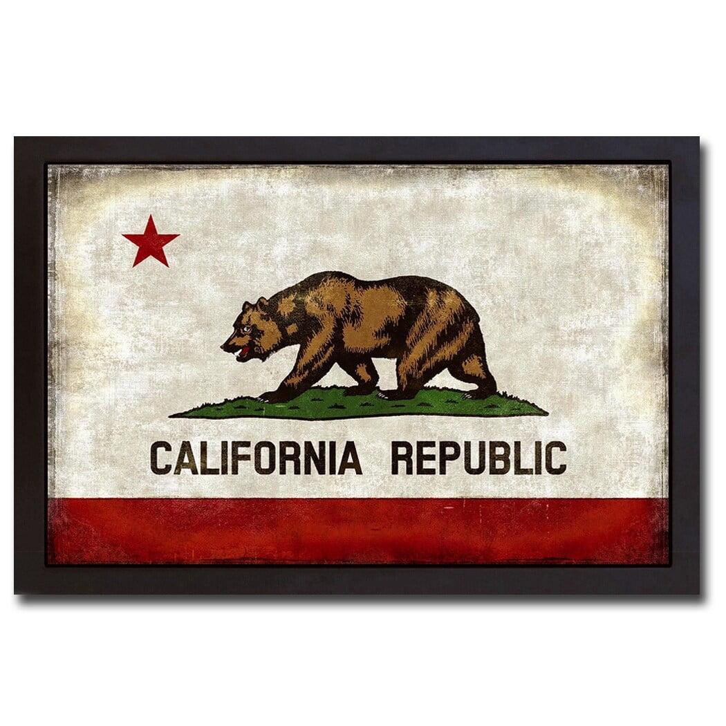 California Republic Bear Print on Black Framed Canvas