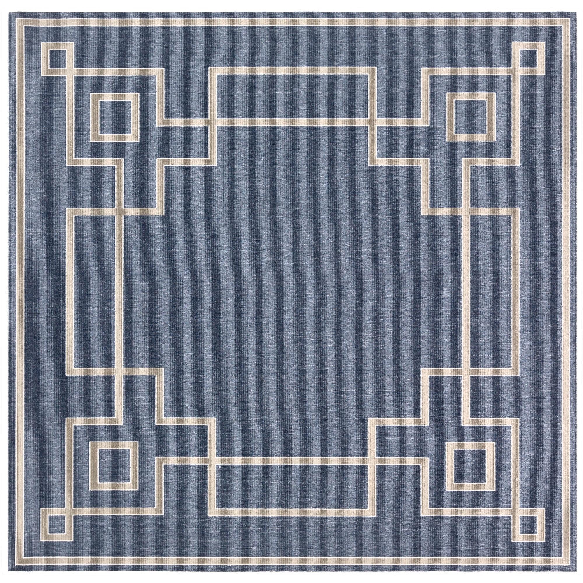 Square 8'9" Blue Geometric Easy-Care Outdoor Rug