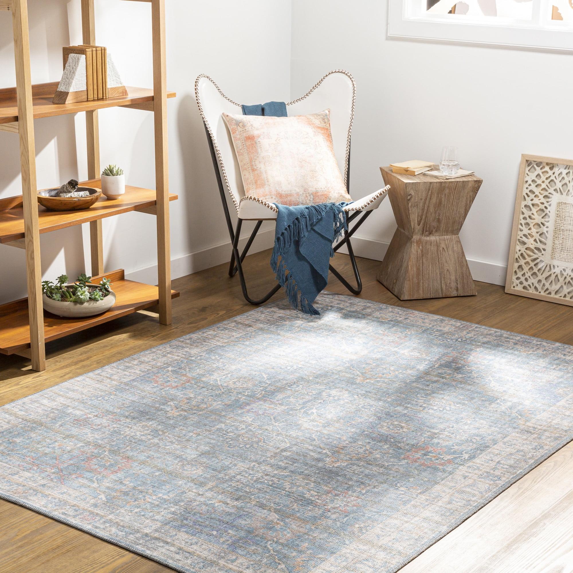 Elysian Blue Oriental Washable Cotton Chenille Rug, 6'7" x 9'