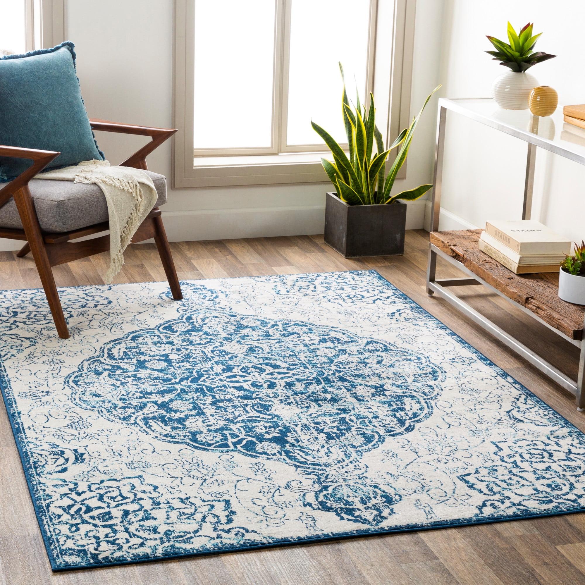 Navy Floral Medium Pile Rectangular Area Rug