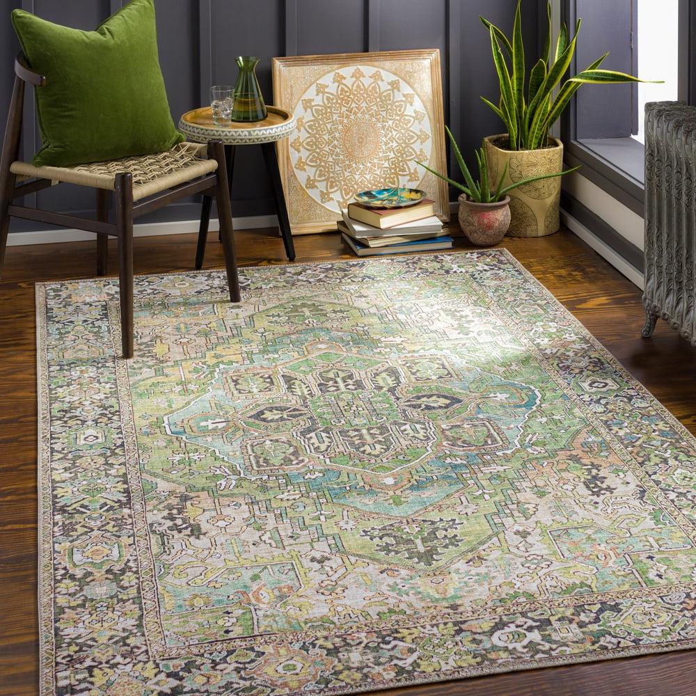 Iris Green and Beige Rectangular Polyester Area Rug