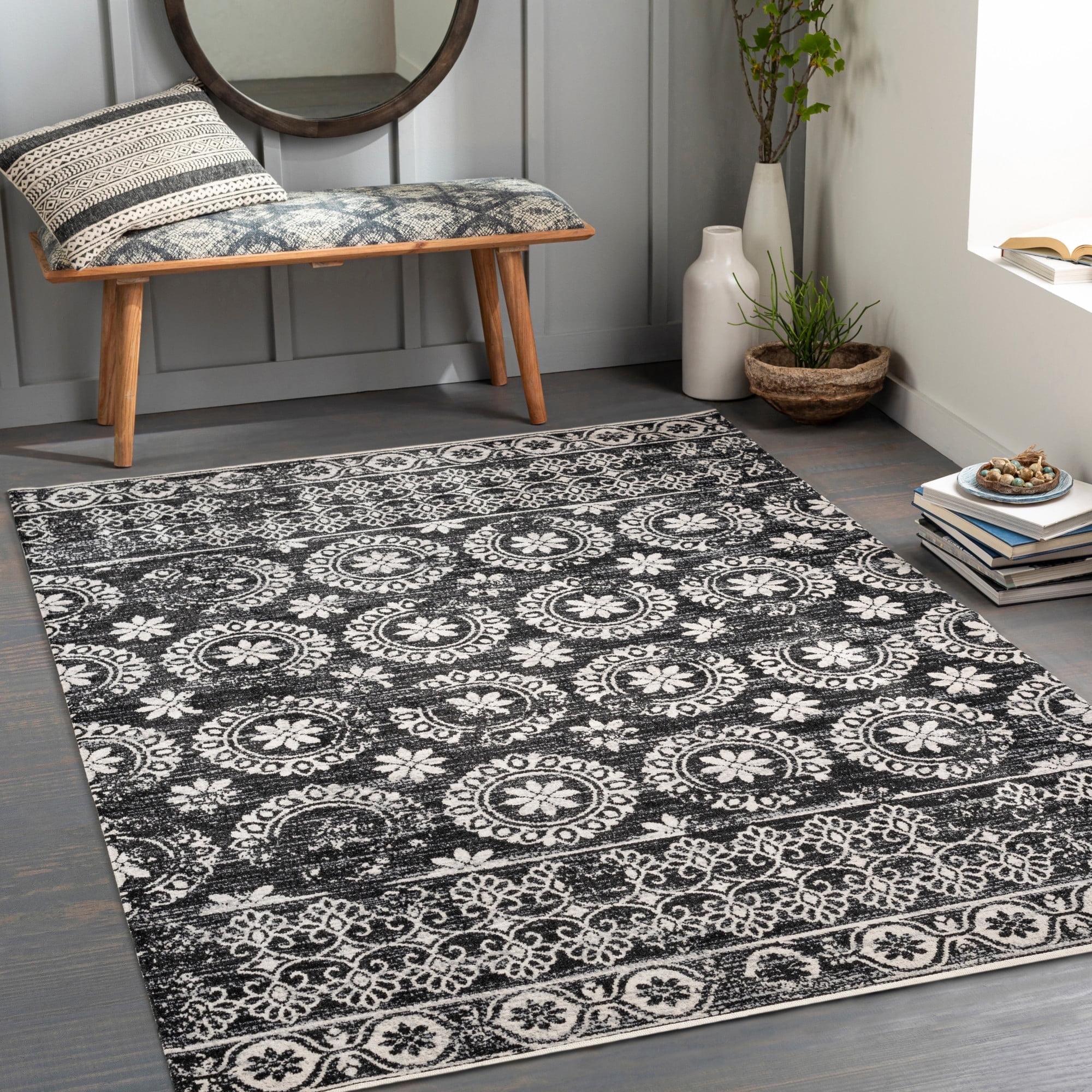 Livabliss Lavadora Medallion Machine Washable Indoor Area Rug, Black ,5'3" x 7'