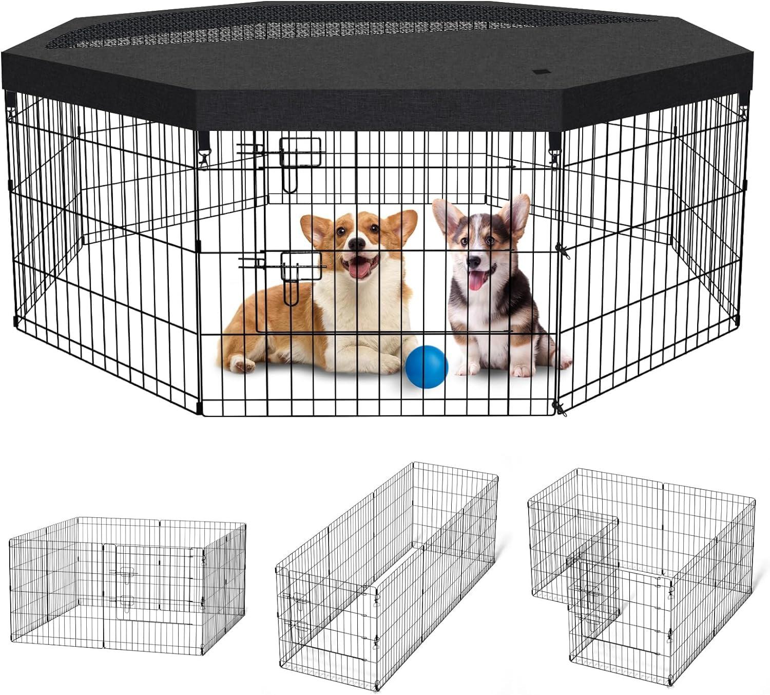 Artmalle Puppy Pet Playpen 8 Panel 24 Inch Indoor Outdoor Metal Portable Folding Animal Exercise Dog Fence Ideal for Pet Animals Dog Cat Rabbit Breed Puppy with Top Cover (Black with Top Cover)