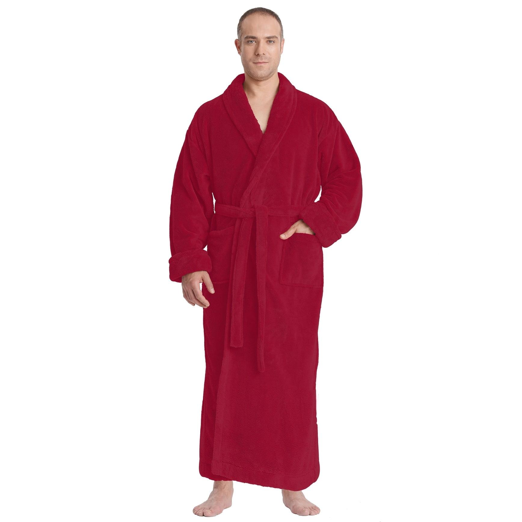 Men's Burgundy Shawl Collar Ankle Length Fleece Bathrobe