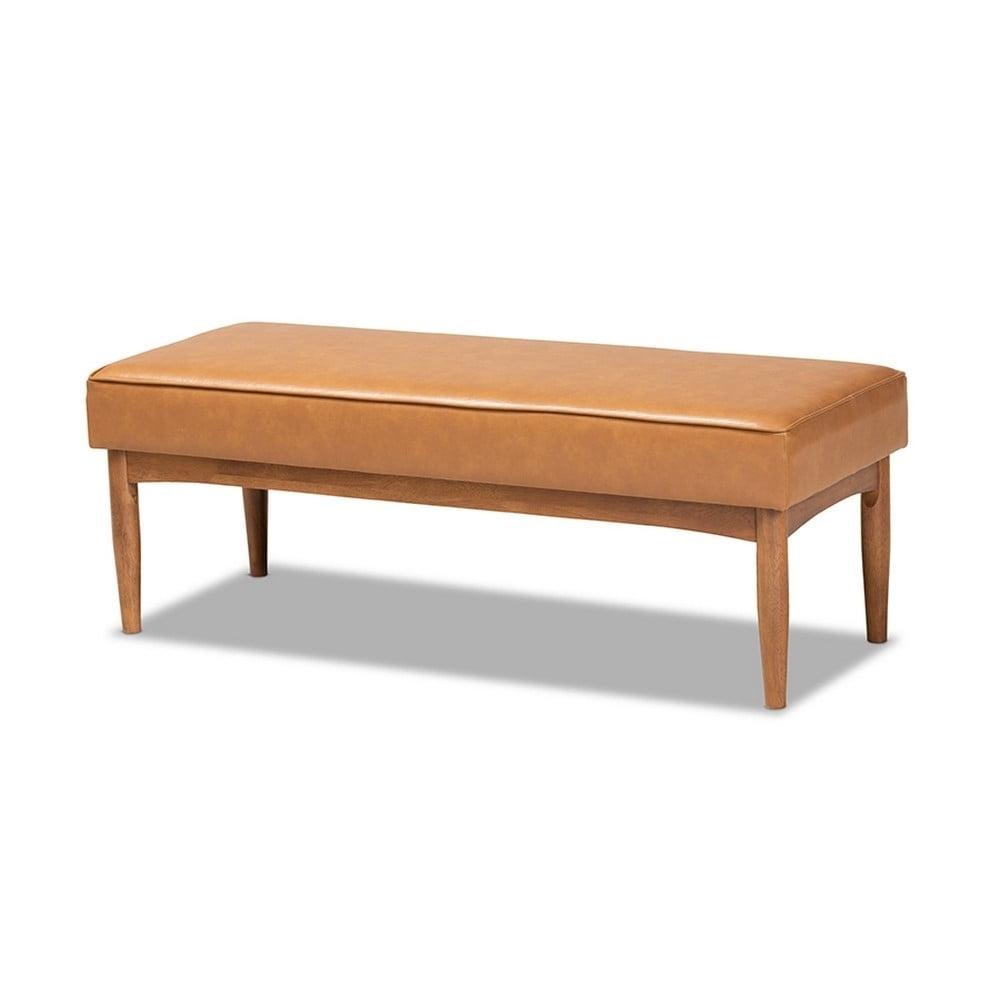 Arvid 47'' Walnut Brown and Tan Faux Leather Mid-Century Dining Bench