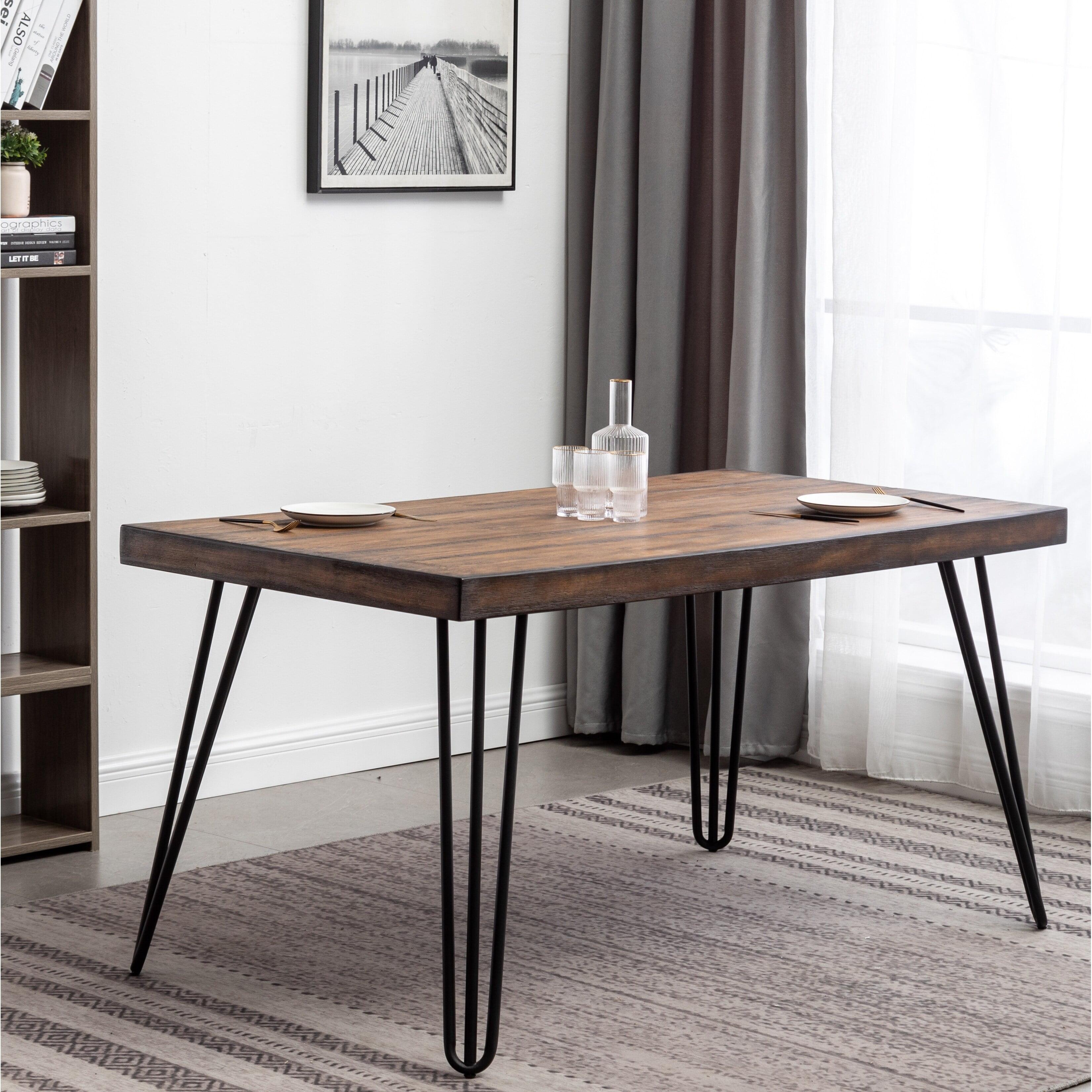 Roundhill Furniture Aryven Industrial Metal Hairpin Design Dining Table, Rustic Dark Pine