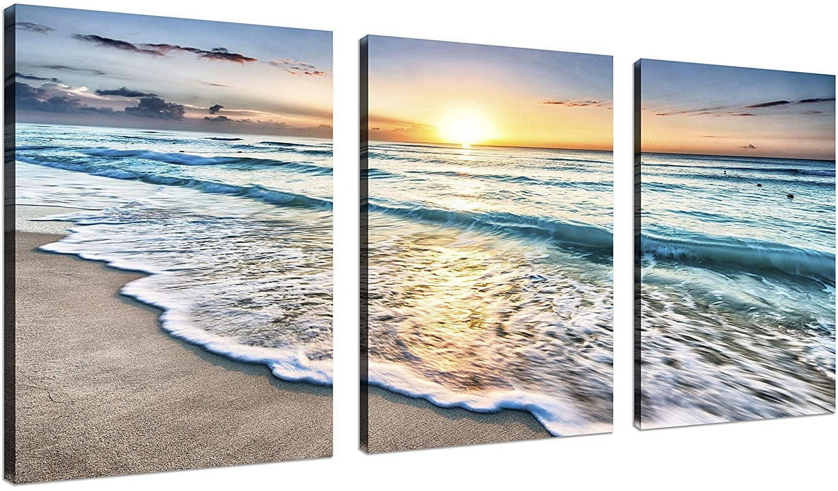 Asdg12s-3 Panel Wall Art Blue Sea Sunset White Beach Painting The Picture Print On Canvas Seascape The Pictures for Home Decor Decoration,Ready to Hang