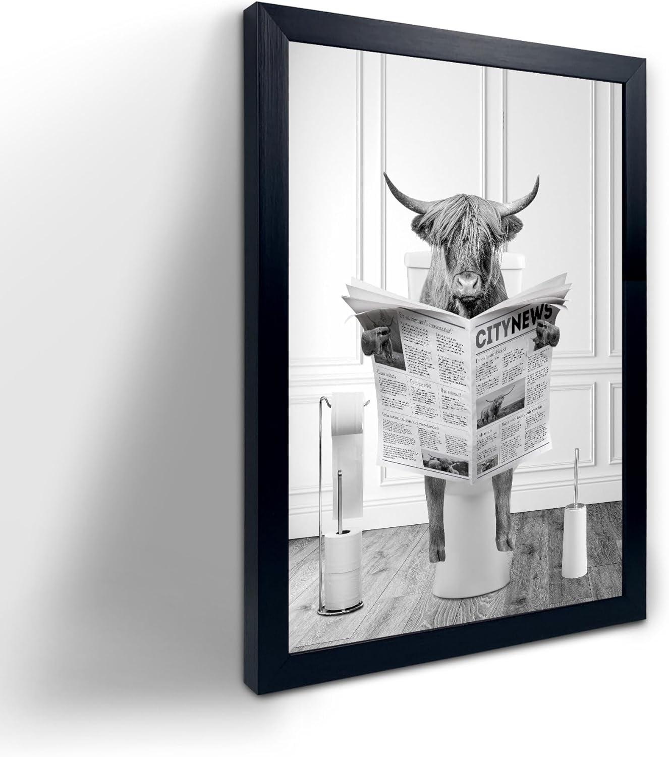 Modern Black Framed Highland Cow Wall Art Minimalist Bathroom Wall Decor Cute Funny Animals Artwork Canvas Prints Ready to Hang for Guest Bathroom, Hotel, Condo, Kids Bathroom, 12”x16”