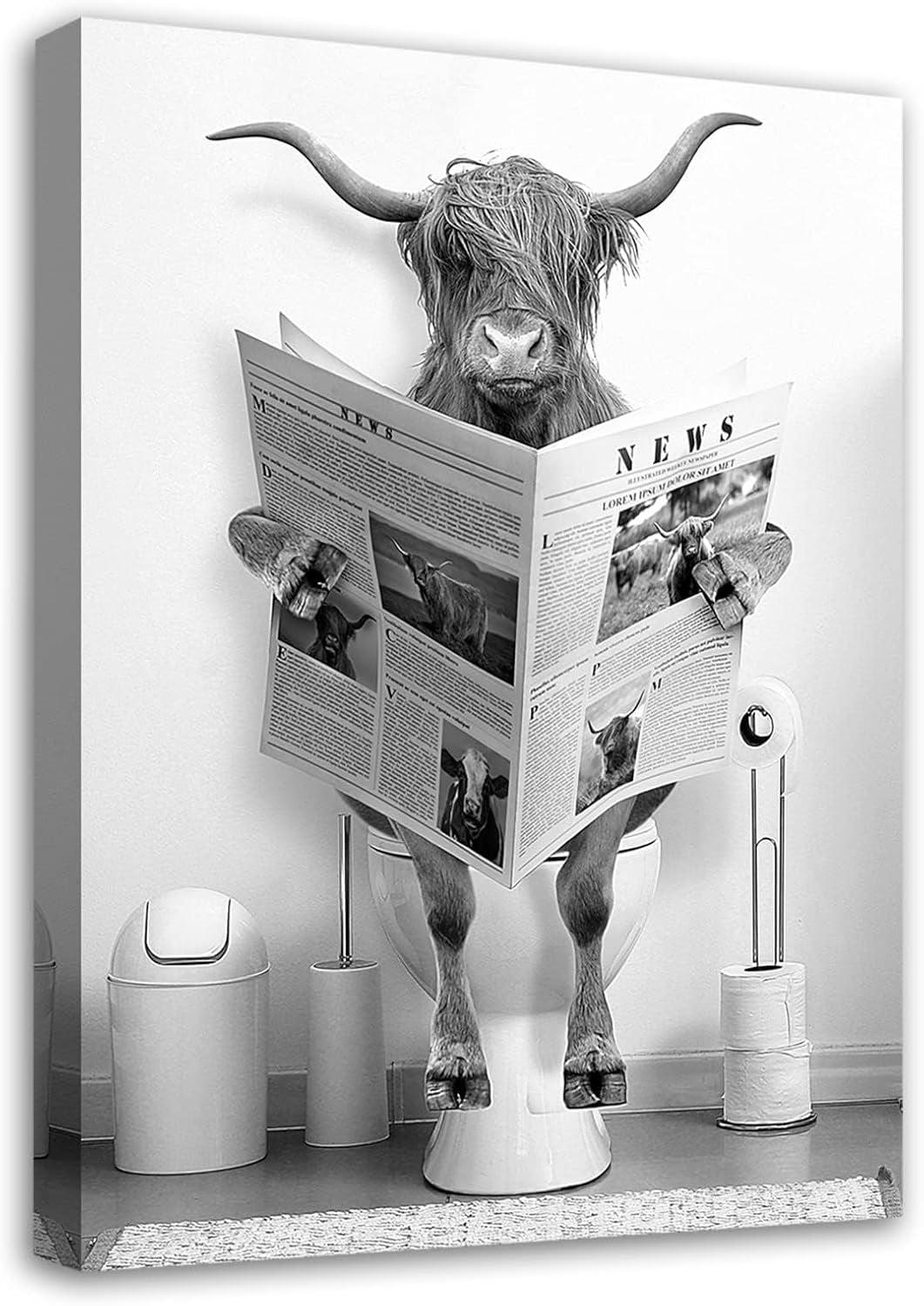 Modern Black Framed Highland Cow Wall Art Minimalist Bathroom Wall Decor Cute Funny Animals Artwork Canvas Prints Ready to Hang for Guest Bathroom, Hotel, Condo, Kids Bathroom, 12”x16”