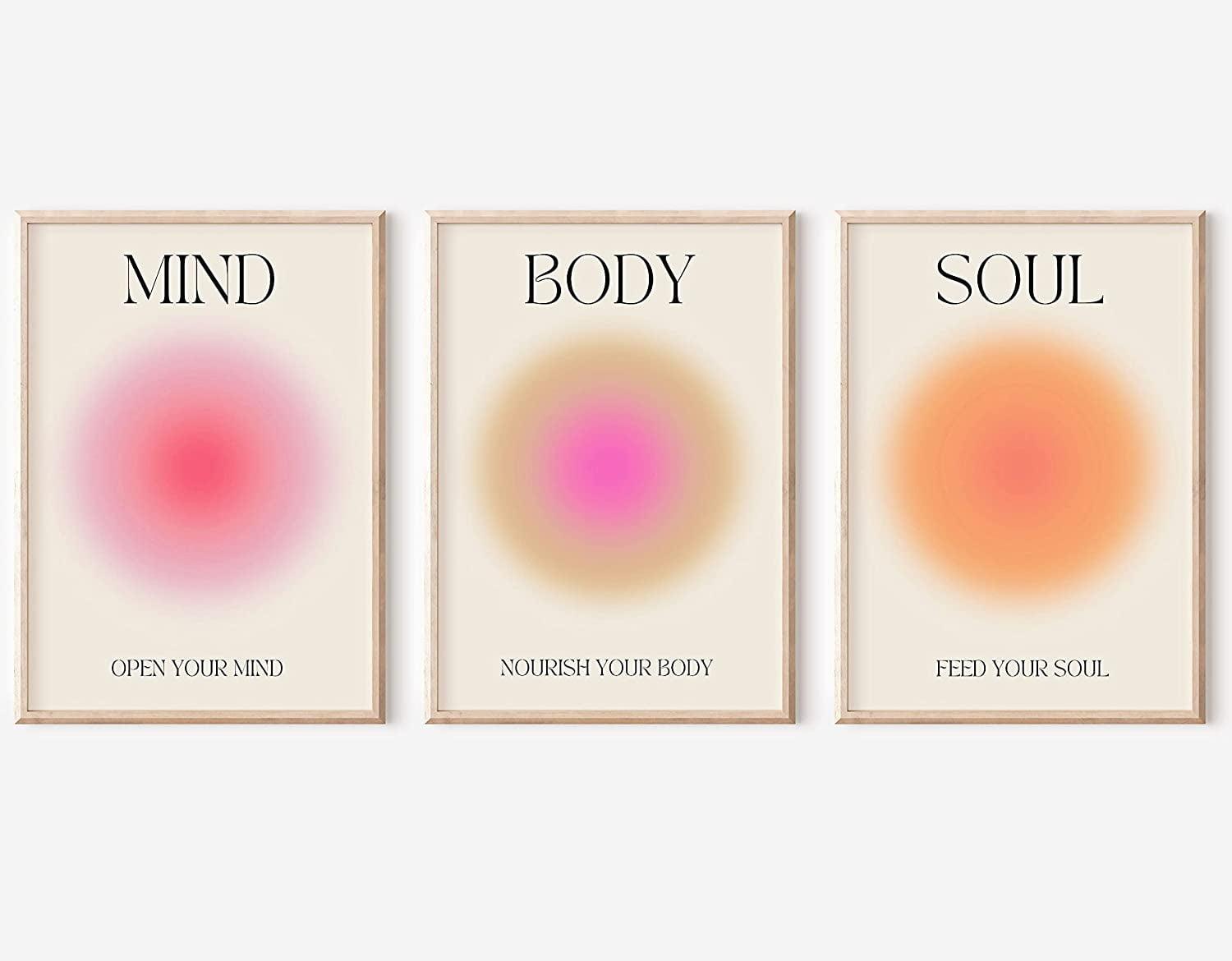 Asdg12s-Positive Aura Posters for Room Aesthetic 3 Piece Colorful Aura Grainy Gradient Canvas Wall Art Spiritual Soul Body Mind Quote Print Painting Danish Pastel Home Wall Decor for Bedroom