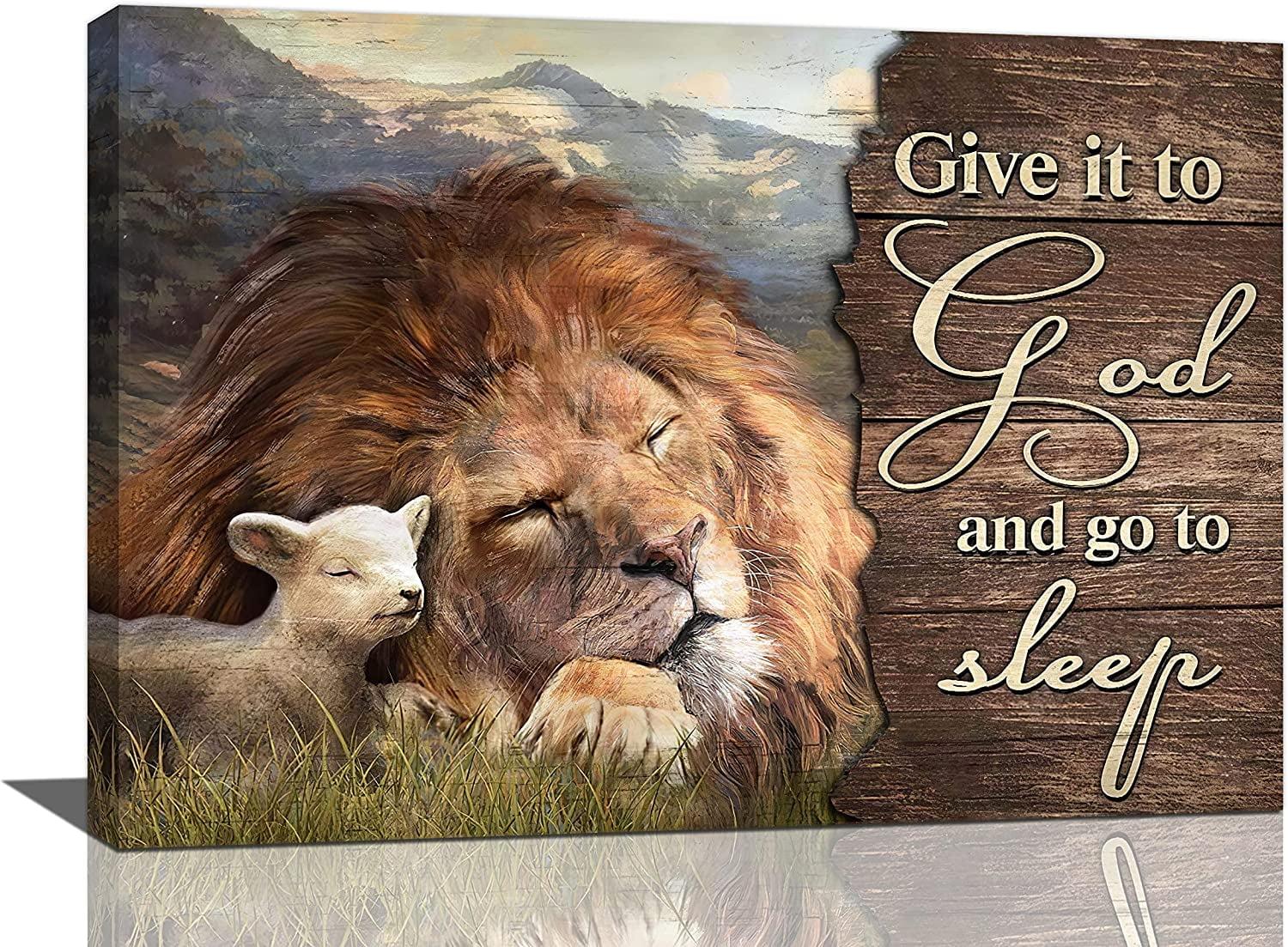 Asdg76s-Lion and Lamb Wall Art Christian Religious Pictures Canvas Wall Decor Give it to God Painting Prints Framed Artwork Decor for Church Living Room Bedroom 16"x24"