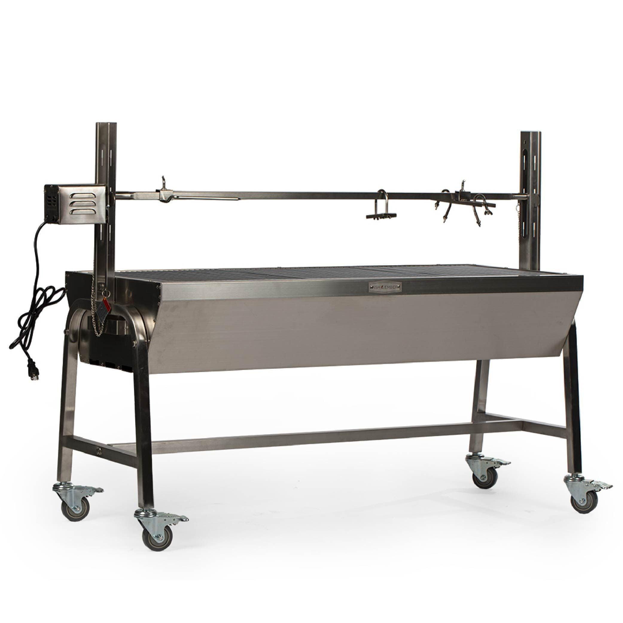 Ash & Ember 13W Stainless Steel BBQ Rotisserie Grill, 4 RPM Rotation Speed, Rated 85 LB for Medium Game, Portable Electric Outdoor Roaster with Dual Prongs, Single Leg Bracket, and Spine Fork