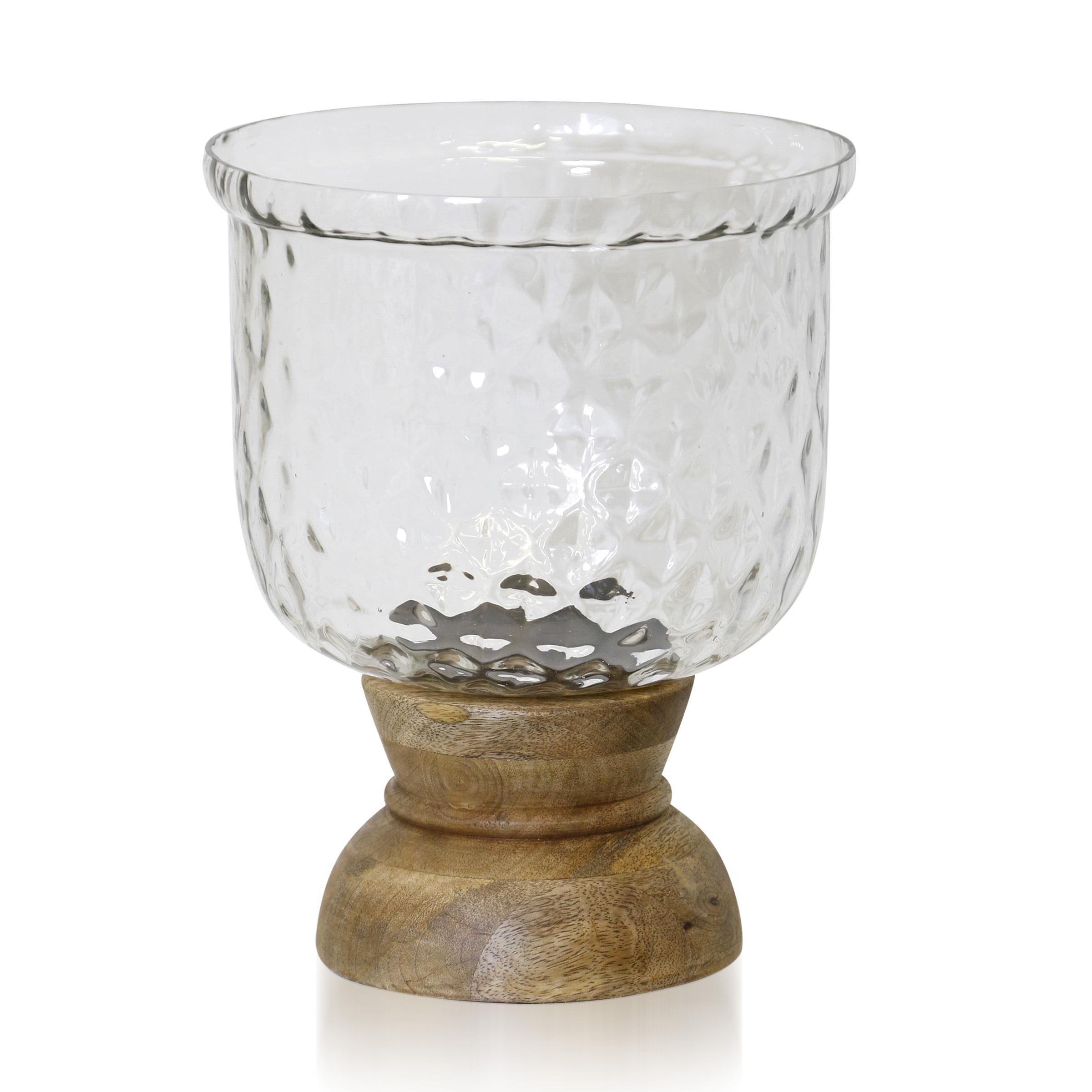 Asha Small Wood Base & Crystal Hurricane Candle Holder