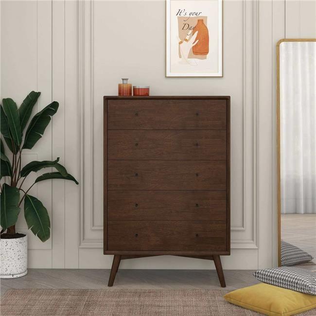 Caroline Mid-Century Modern Brown Solid Wood 5-Drawer Dresser