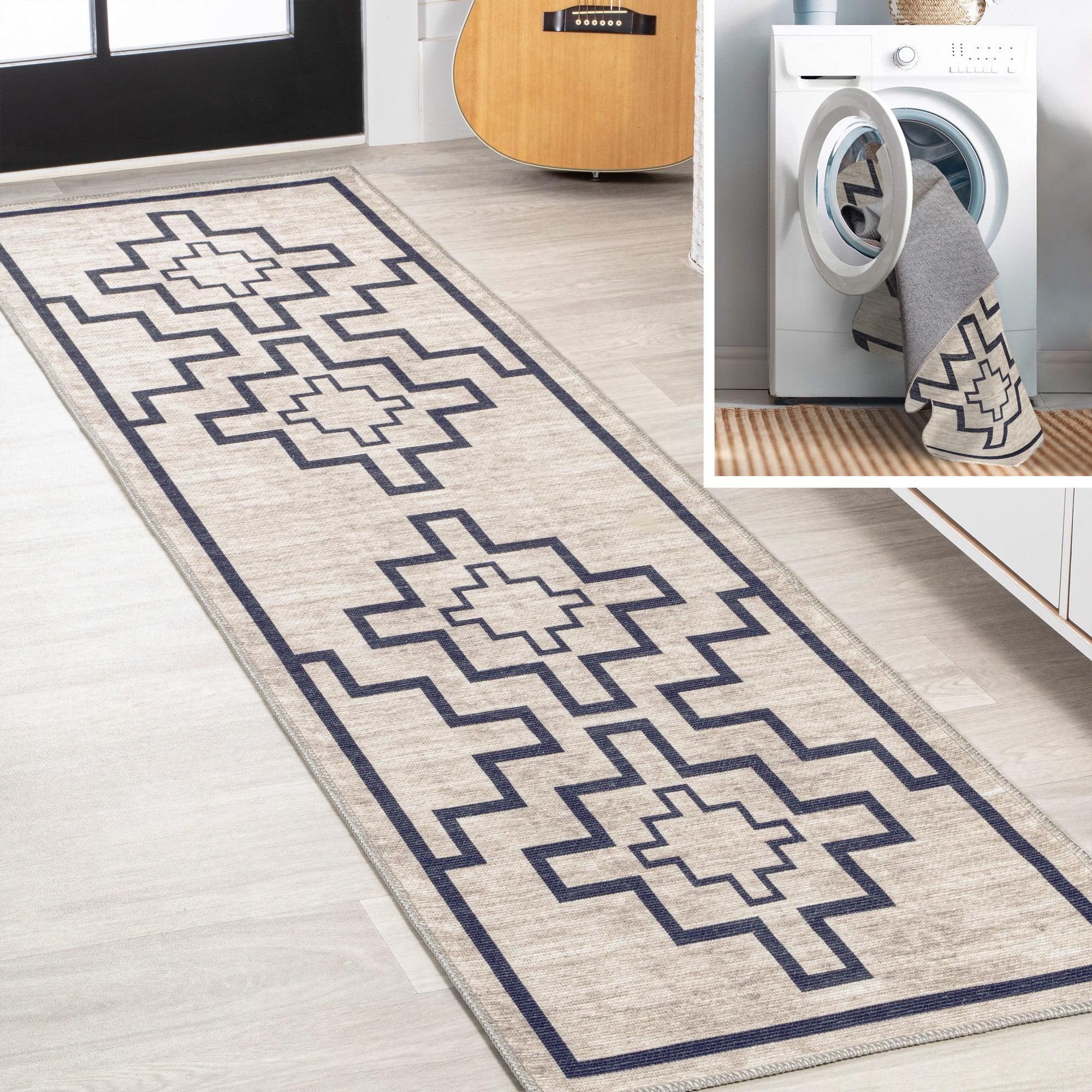 Ivory and Dark Gray Geometric Synthetic 2x8 Runner Rug