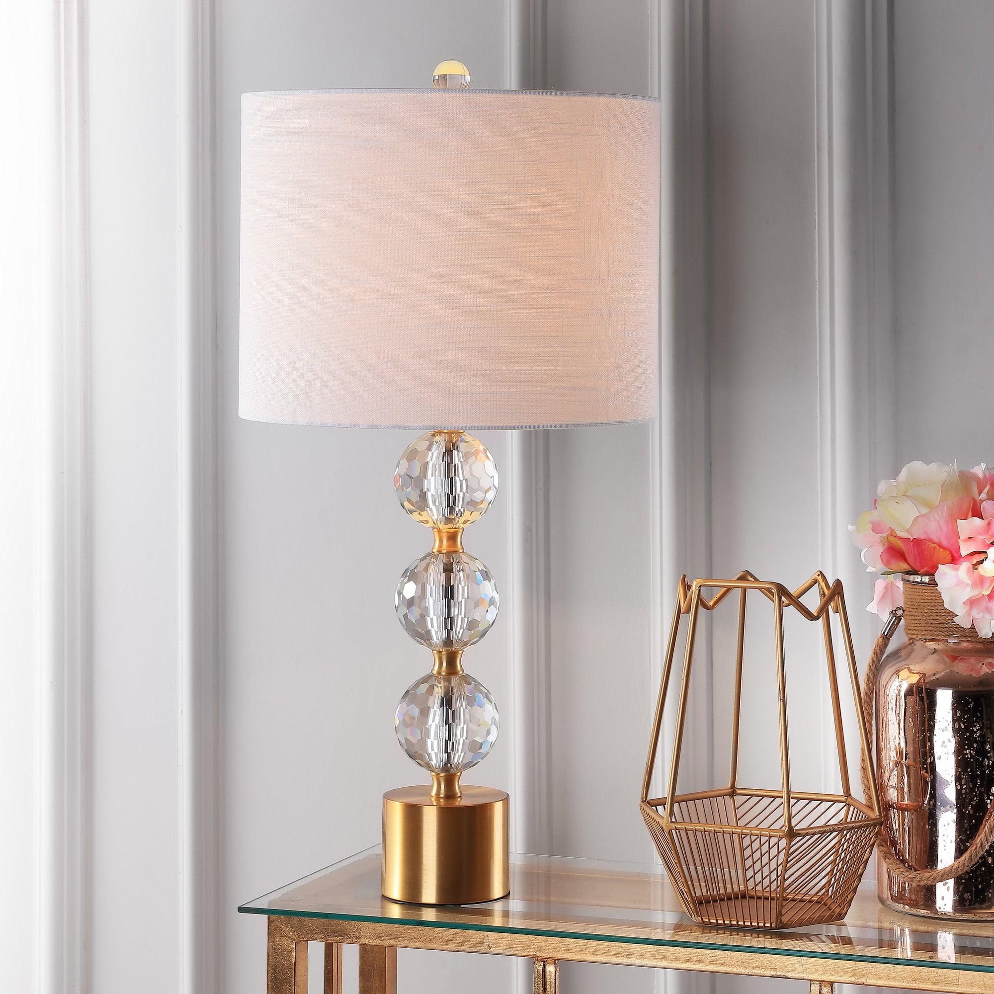 Elegant 25.25" White Linen Shade Crystal Table Lamp with Brass Accents